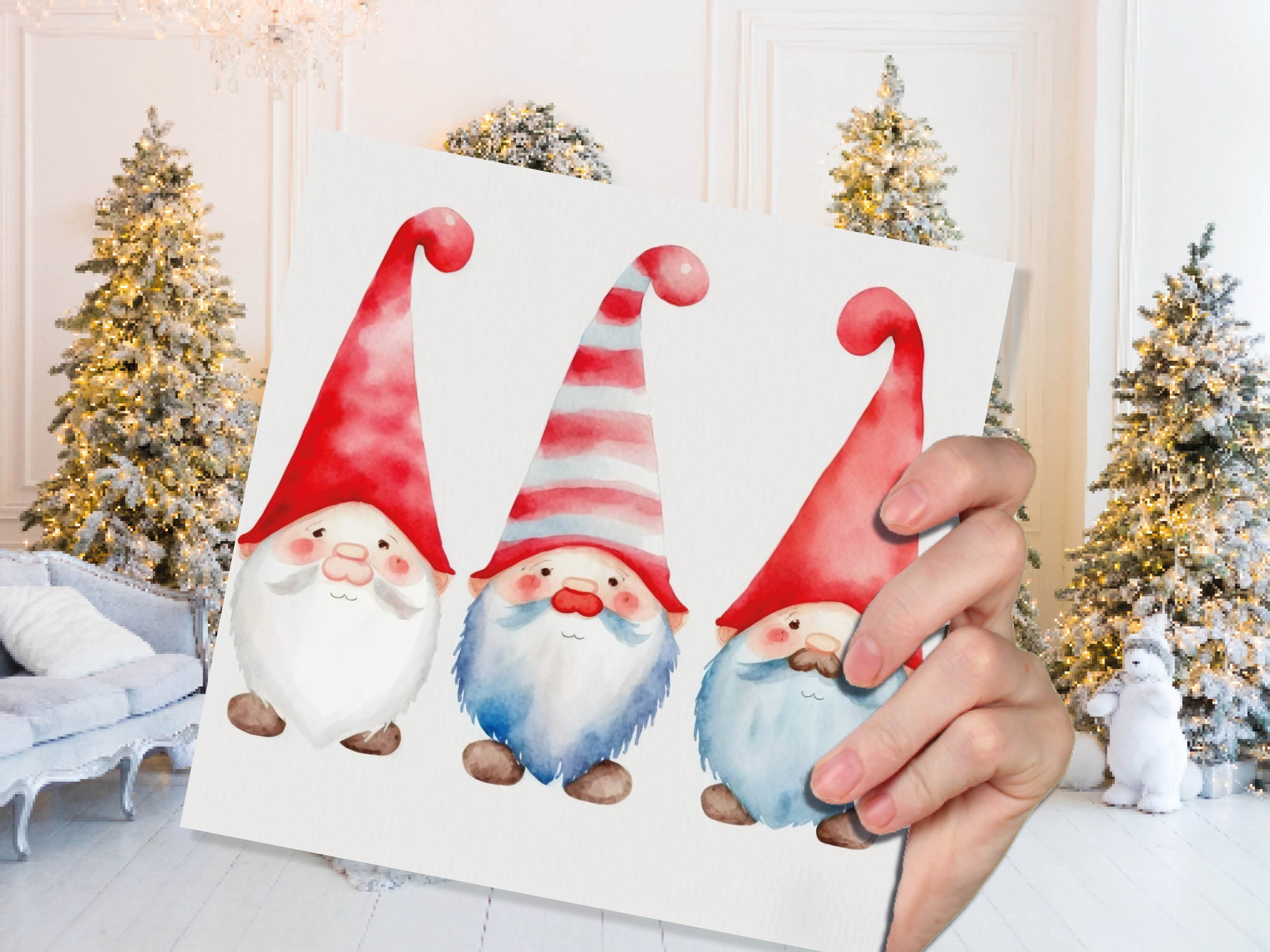 Christmas Gnomes Card Cute Gonk Myth Red White Watercolour Painting Pointy Hats and Beards Greetings Cards For Family Best Friends Xmas 2024