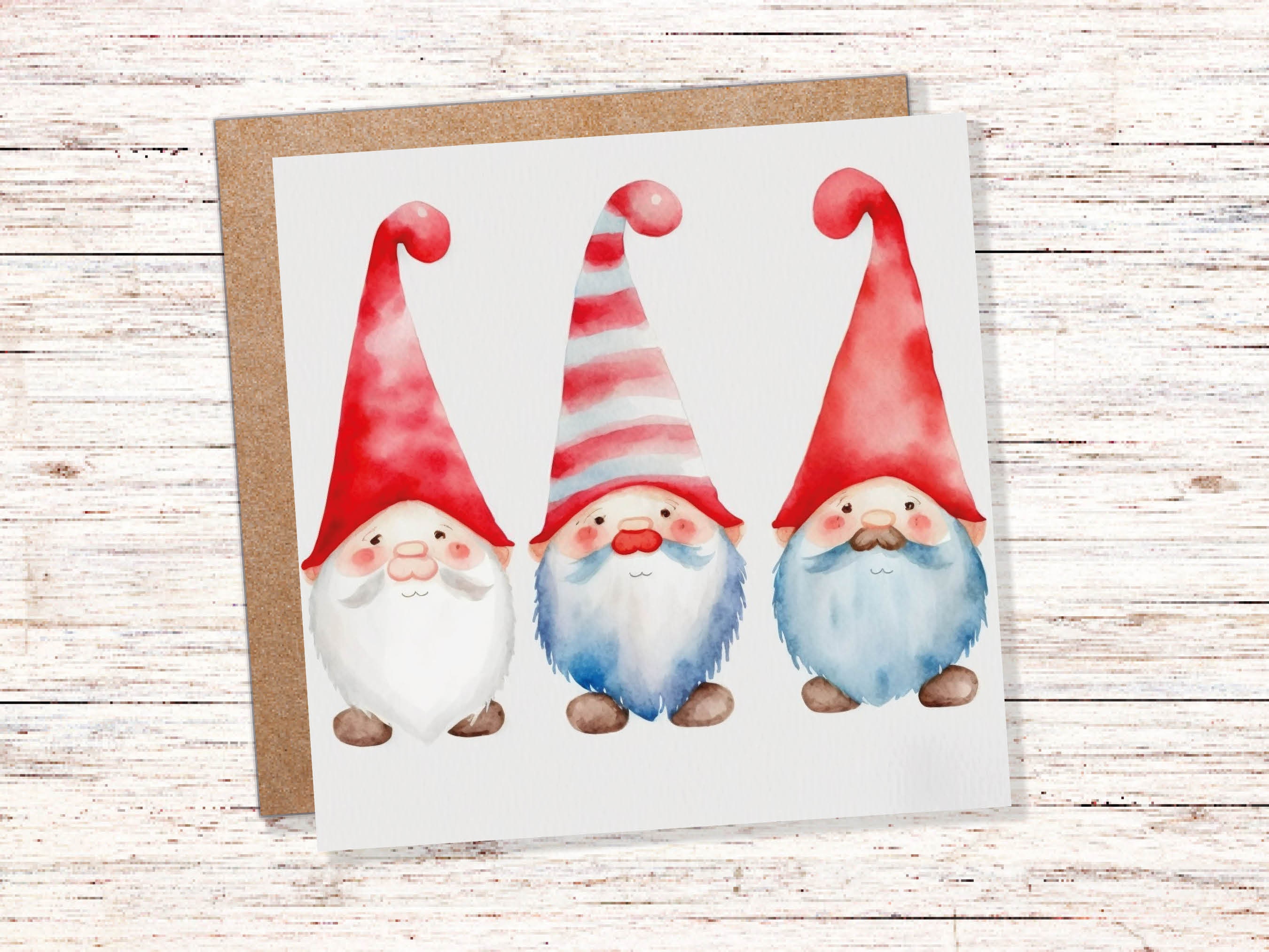 Christmas Gnomes Card Cute Gonk Myth Red White Watercolour Painting Pointy Hats and Beards Greetings Cards For Family Best Friends Xmas 2024 - View 2