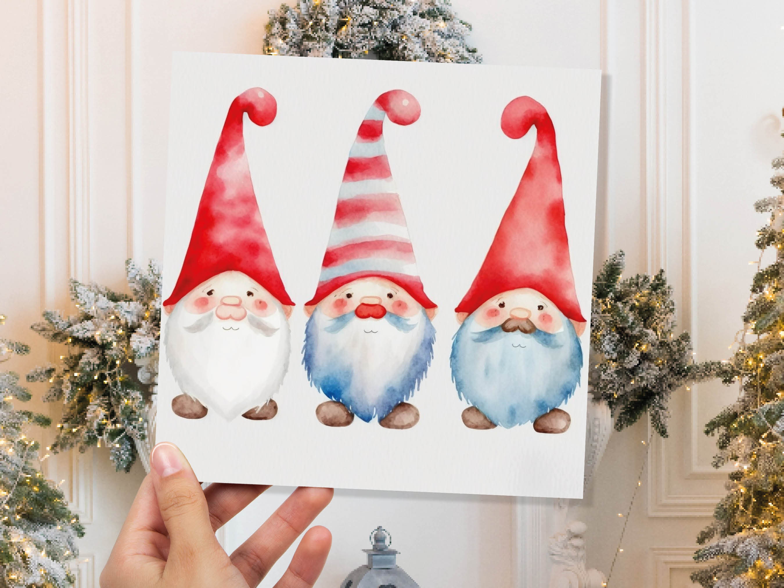 Christmas Gnomes Card Cute Gonk Myth Red White Watercolour Painting Pointy Hats and Beards Greetings Cards For Family Best Friends Xmas 2024 - View 4