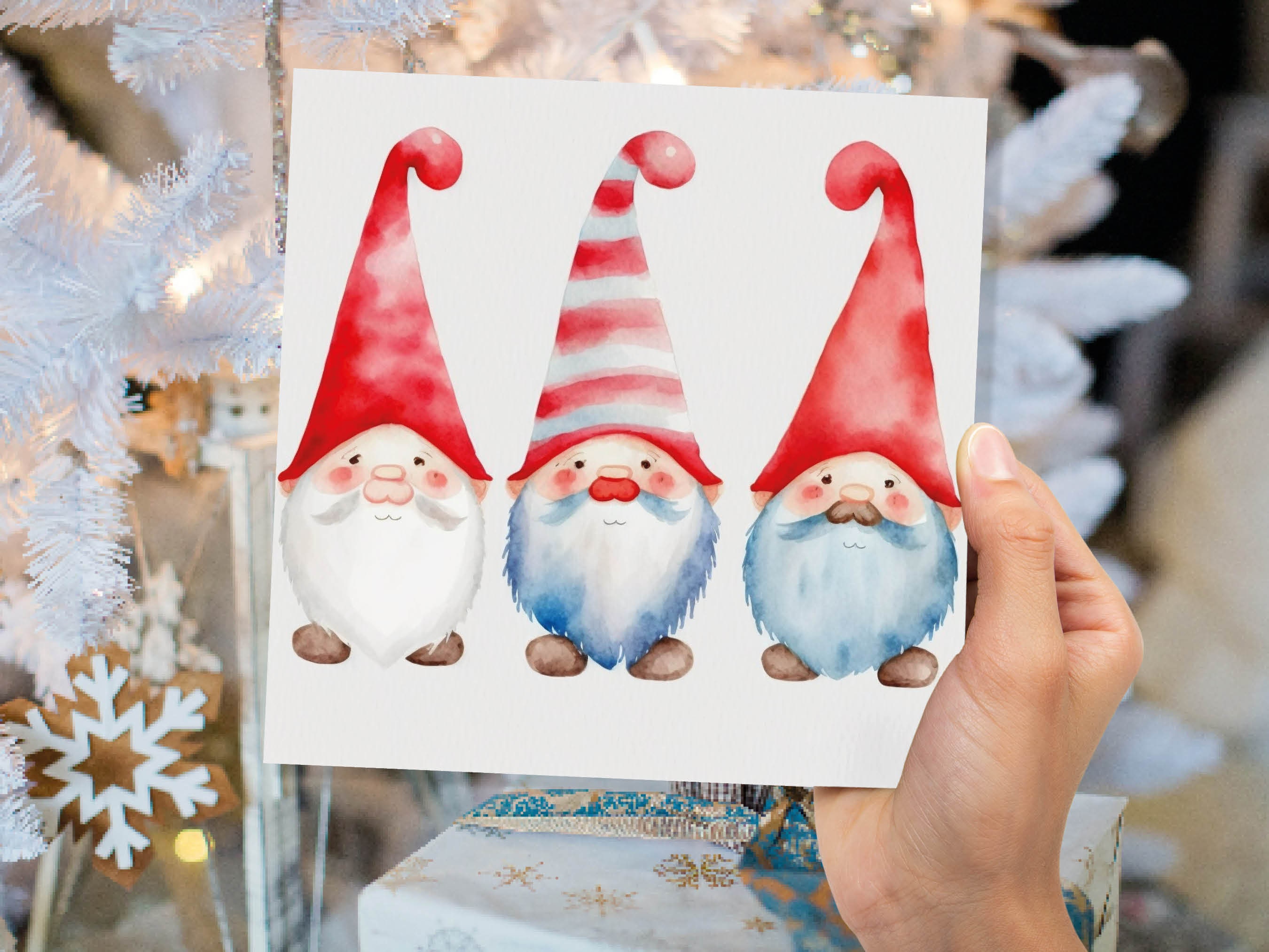 Christmas Gnomes Card Cute Gonk Myth Red White Watercolour Painting Pointy Hats and Beards Greetings Cards For Family Best Friends Xmas 2024 - View 5