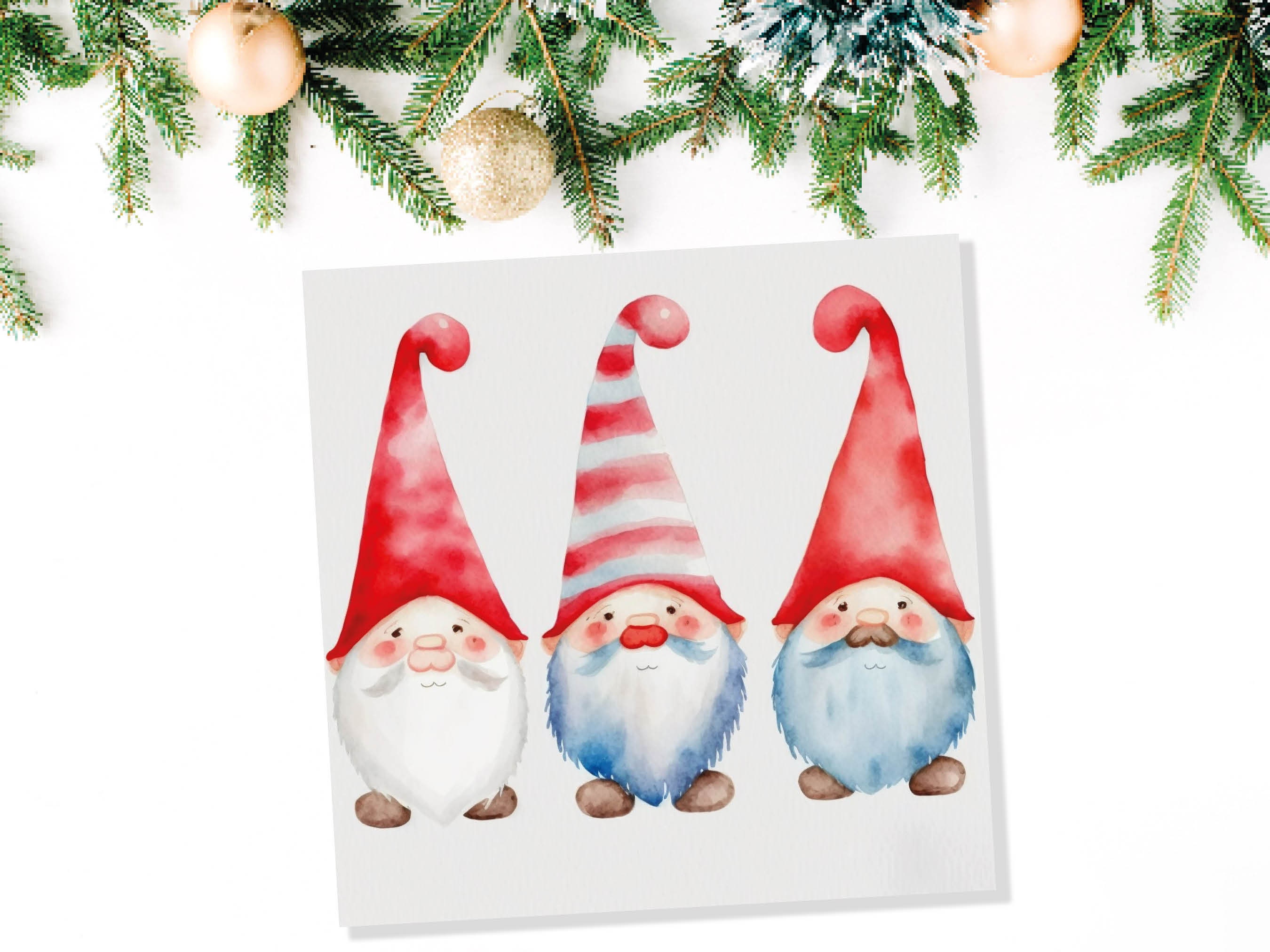 Christmas Gnomes Card Cute Gonk Myth Red White Watercolour Painting Pointy Hats and Beards Greetings Cards For Family Best Friends Xmas 2024 - View 6