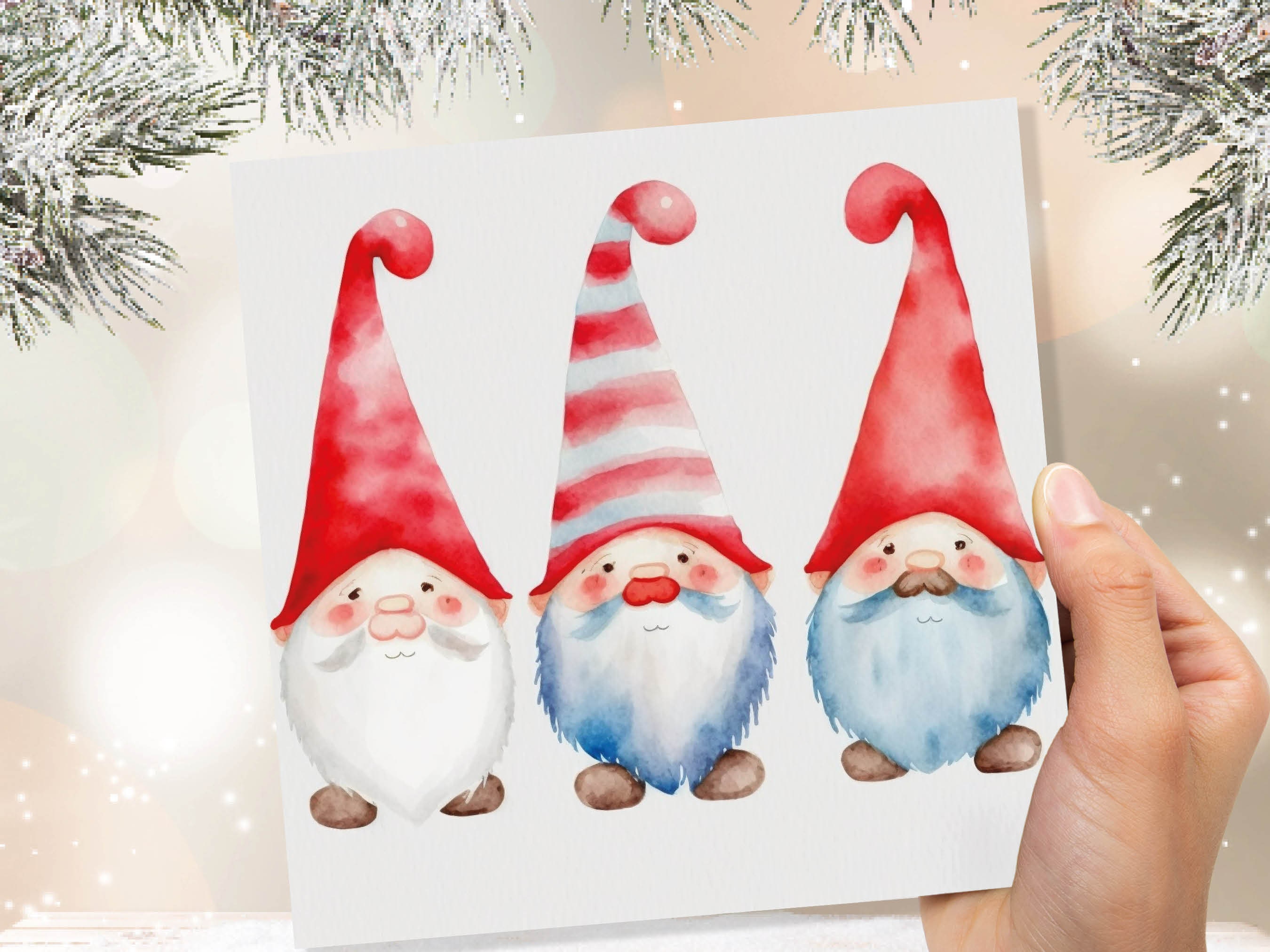 Christmas Gnomes Card Cute Gonk Myth Red White Watercolour Painting Pointy Hats and Beards Greetings Cards For Family Best Friends Xmas 2024 - View 8