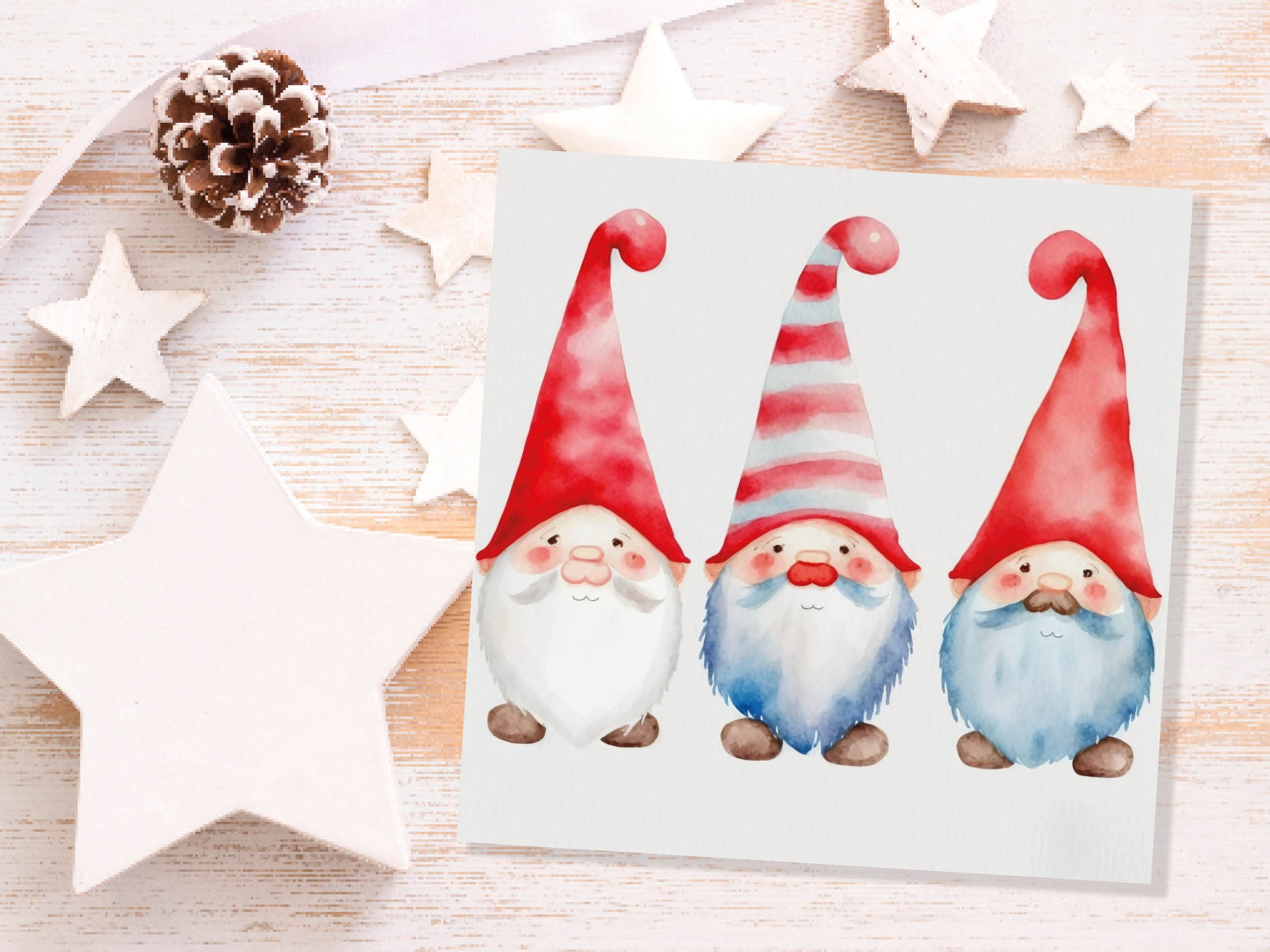 Christmas Gnomes Card Cute Gonk Myth Red White Watercolour Painting Pointy Hats and Beards Greetings Cards For Family Best Friends Xmas 2024 - View 9