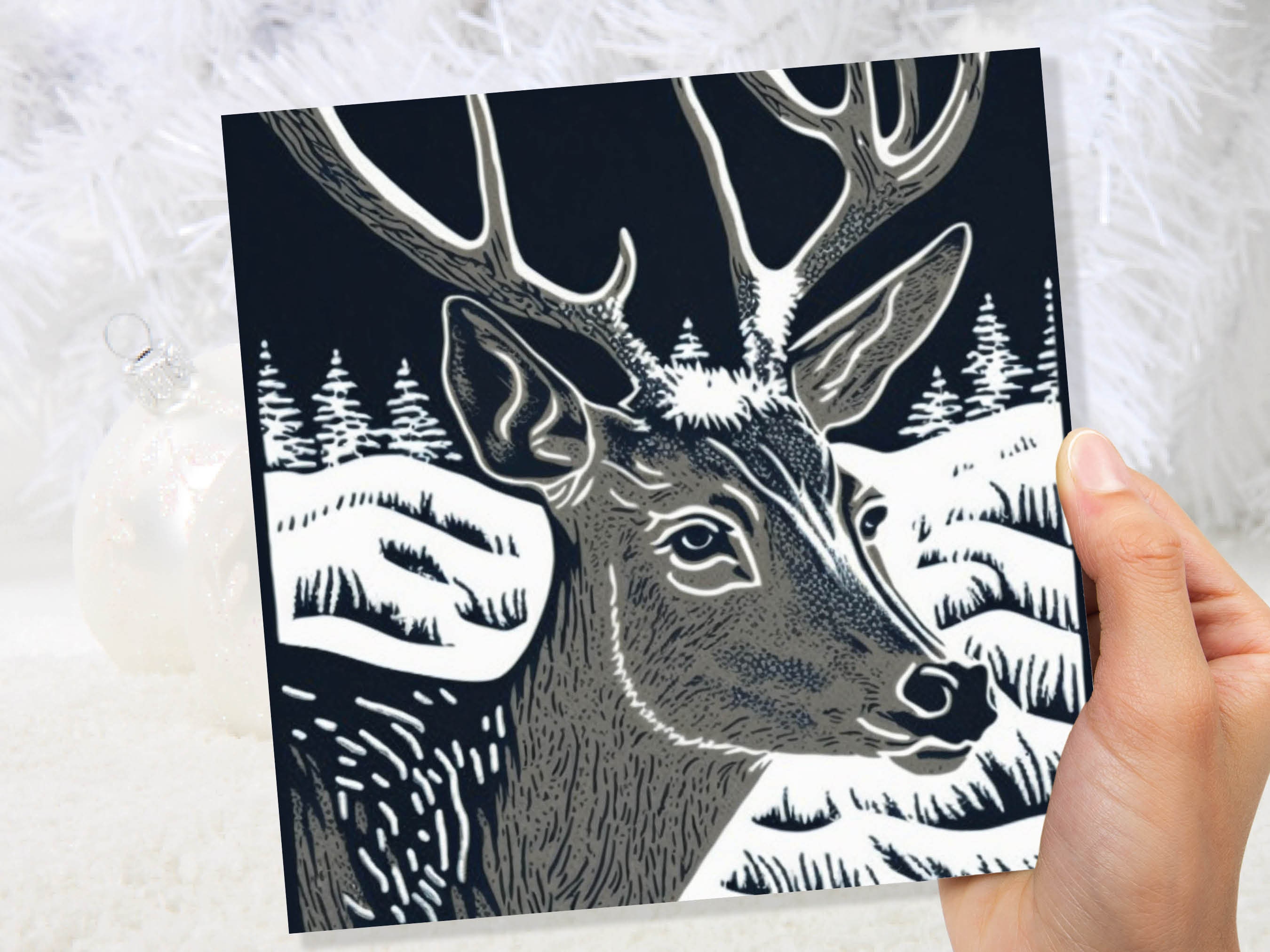 Linocut Deer Card Black and White Snowy Winter Landscape Night Sky Illustration Snow Scene Greetings For Family Friends Xmas 2024 Thank You - View 2