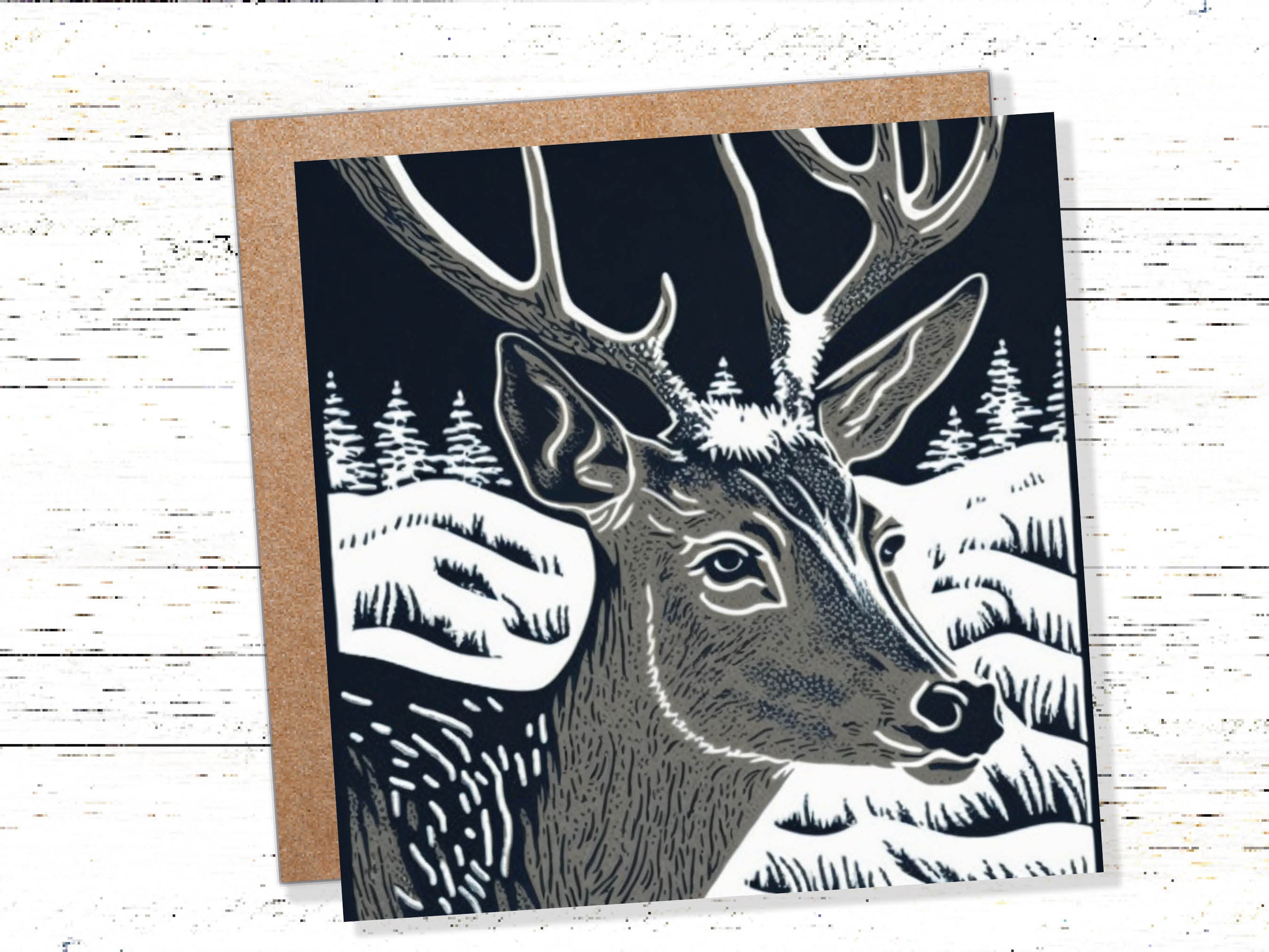 Linocut Deer Card Black and White Snowy Winter Landscape Night Sky Illustration Snow Scene Greetings For Family Friends Xmas 2024 Thank You - View 3