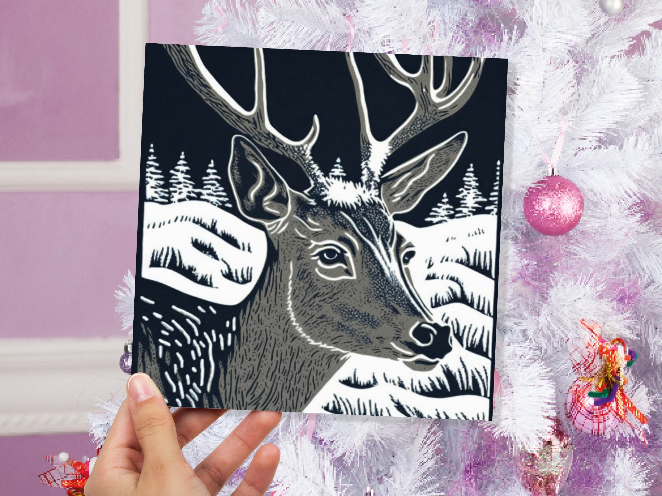 Linocut Deer Card Black and White Snowy Winter Landscape Night Sky Illustration Snow Scene Greetings For Family Friends Xmas 2024 Thank You - View 4