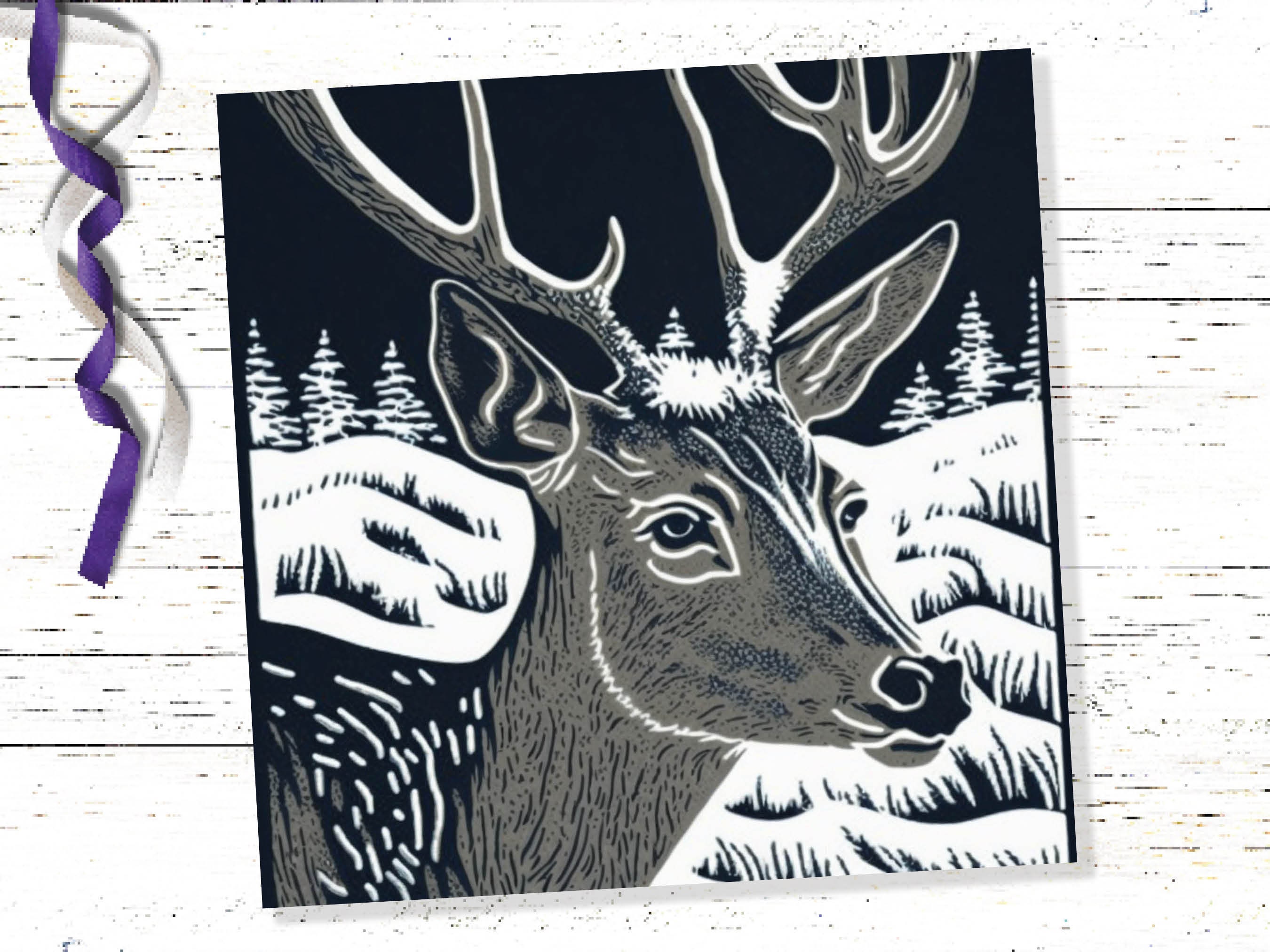 Linocut Deer Card Black and White Snowy Winter Landscape Night Sky Illustration Snow Scene Greetings For Family Friends Xmas 2024 Thank You - View 6