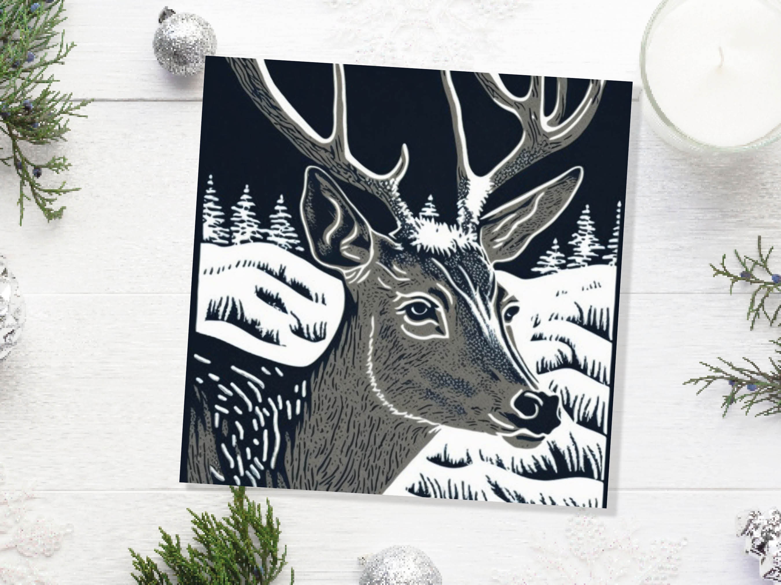 Linocut Deer Card Black and White Snowy Winter Landscape Night Sky Illustration Snow Scene Greetings For Family Friends Xmas 2024 Thank You - View 8