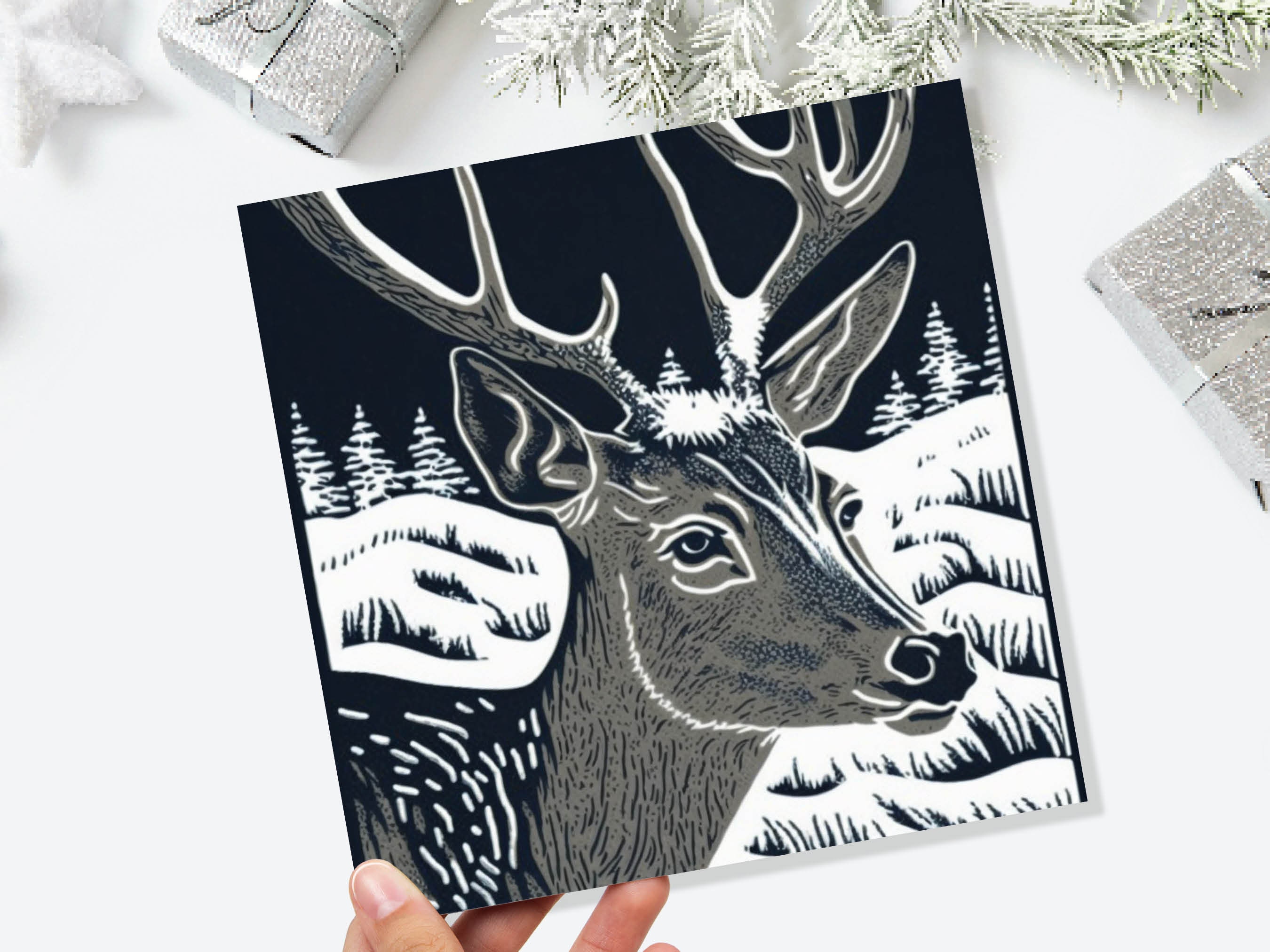 Linocut Deer Card Black and White Snowy Winter Landscape Night Sky Illustration Snow Scene Greetings For Family Friends Xmas 2024 Thank You - View 9