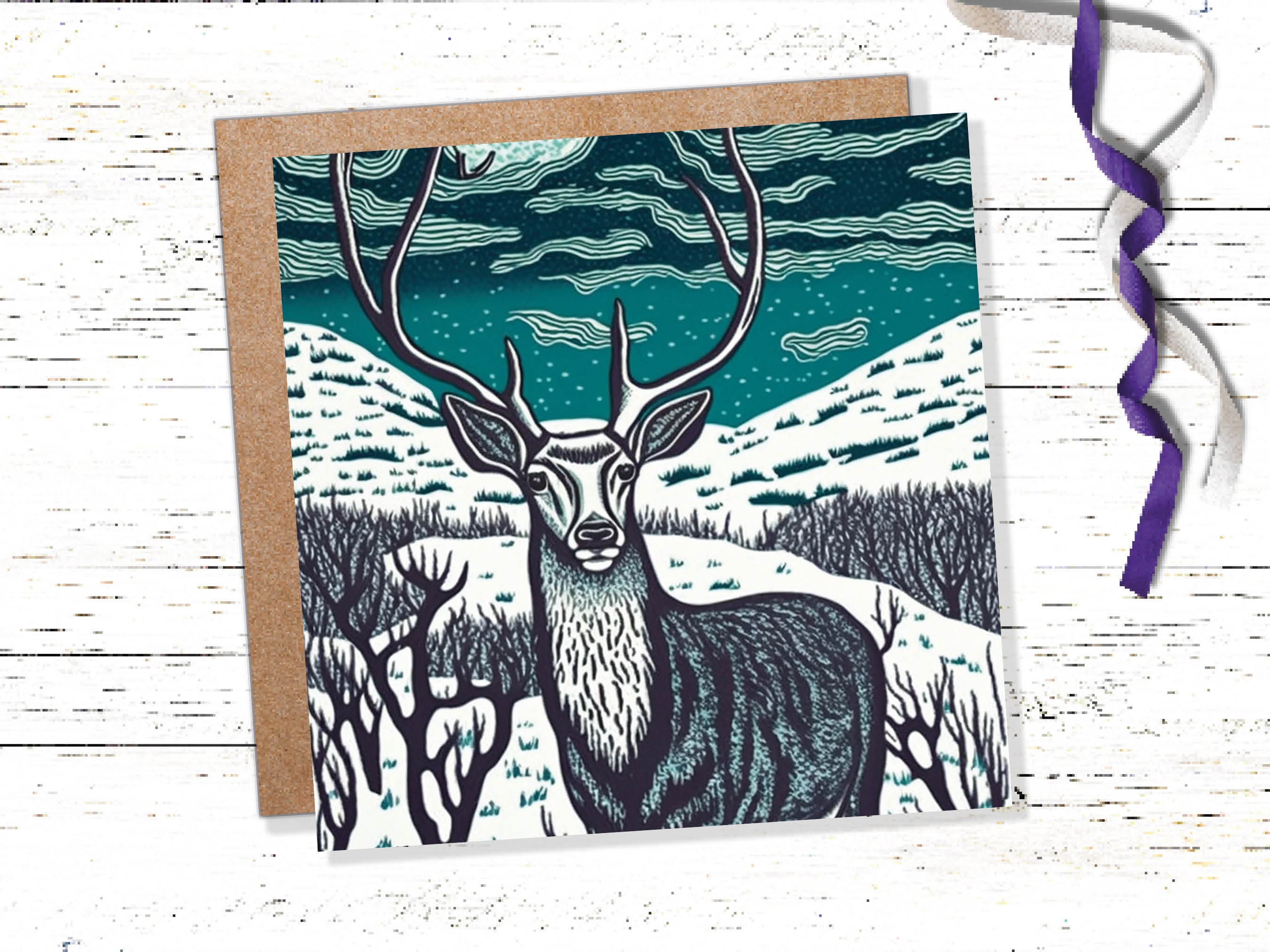 Deer Card Linocut Black and Blue Snowy Winter Landscape Highlands Snow Scene Mountains Sky Greetings For Family Friends Xmas 2024 Thank You