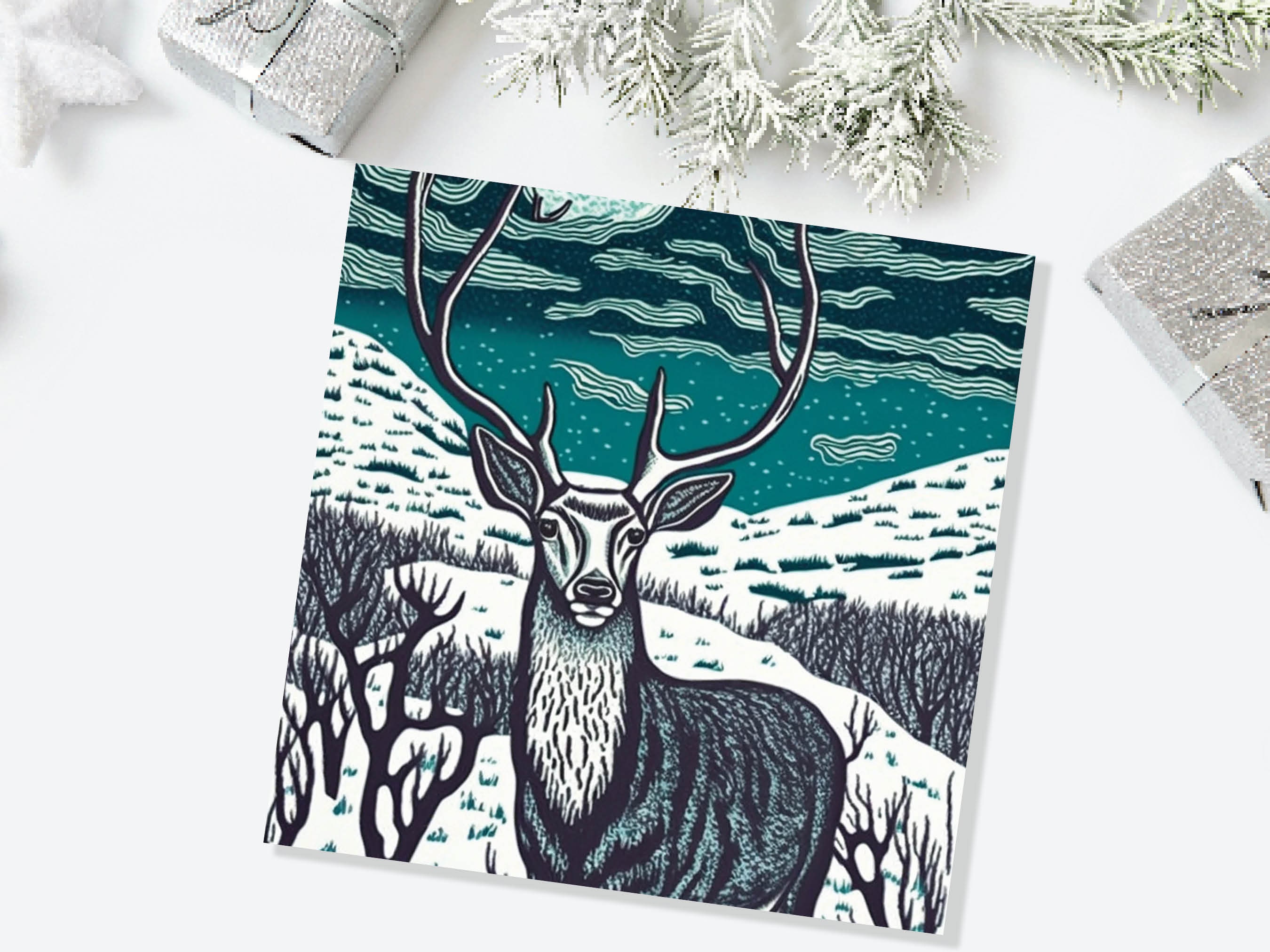 Deer Card Linocut Black and Blue Snowy Winter Landscape Highlands Snow Scene Mountains Sky Greetings For Family Friends Xmas 2024 Thank You - View 2