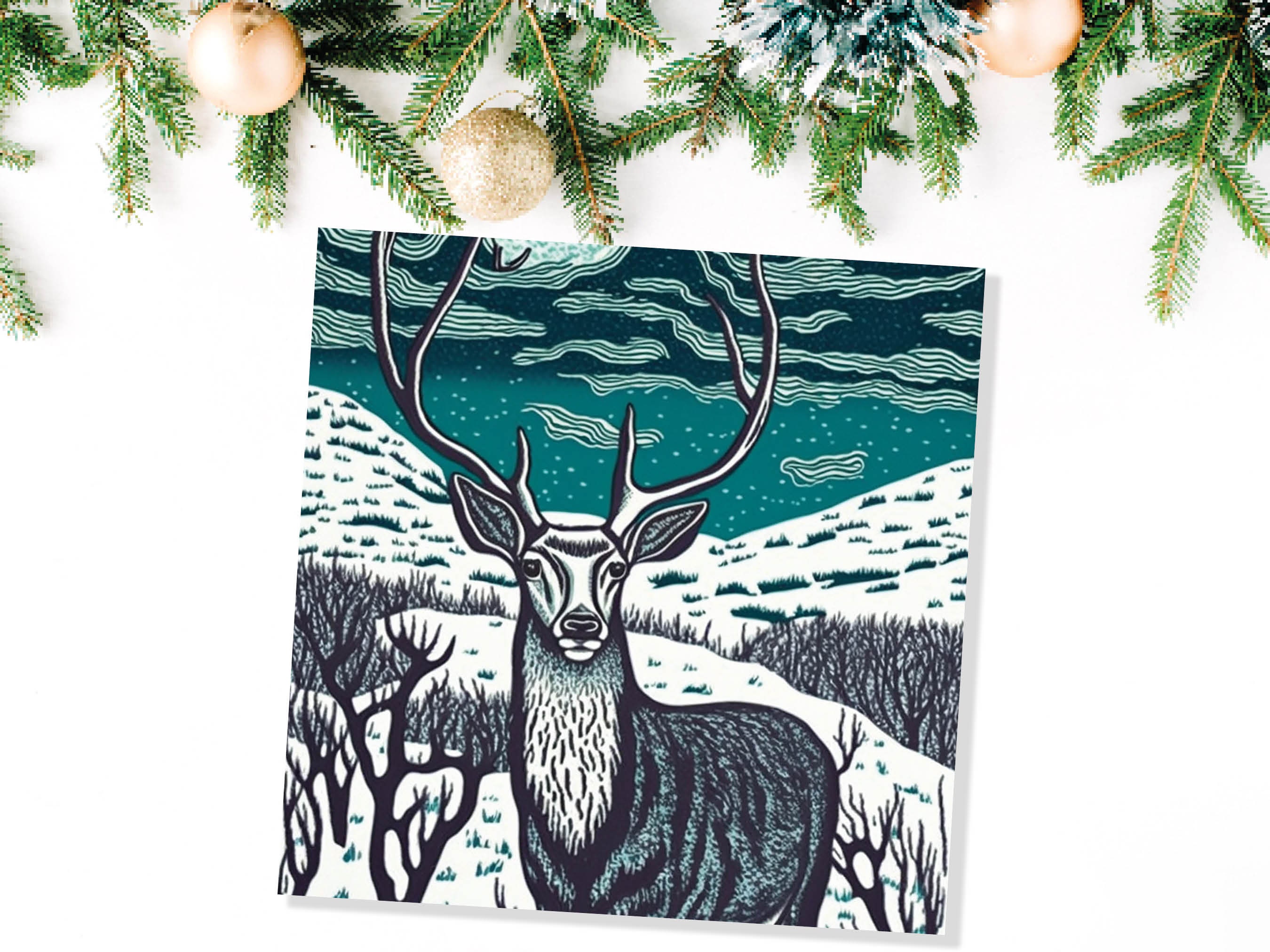 Deer Card Linocut Black and Blue Snowy Winter Landscape Highlands Snow Scene Mountains Sky Greetings For Family Friends Xmas 2024 Thank You - View 3