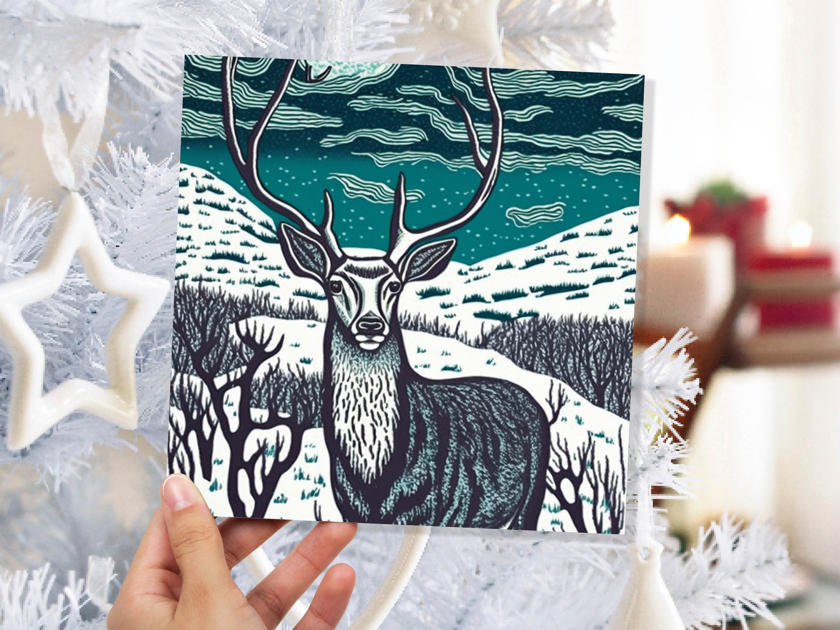 Deer Card Linocut Black and Blue Snowy Winter Landscape Highlands Snow Scene Mountains Sky Greetings For Family Friends Xmas 2024 Thank You - View 4