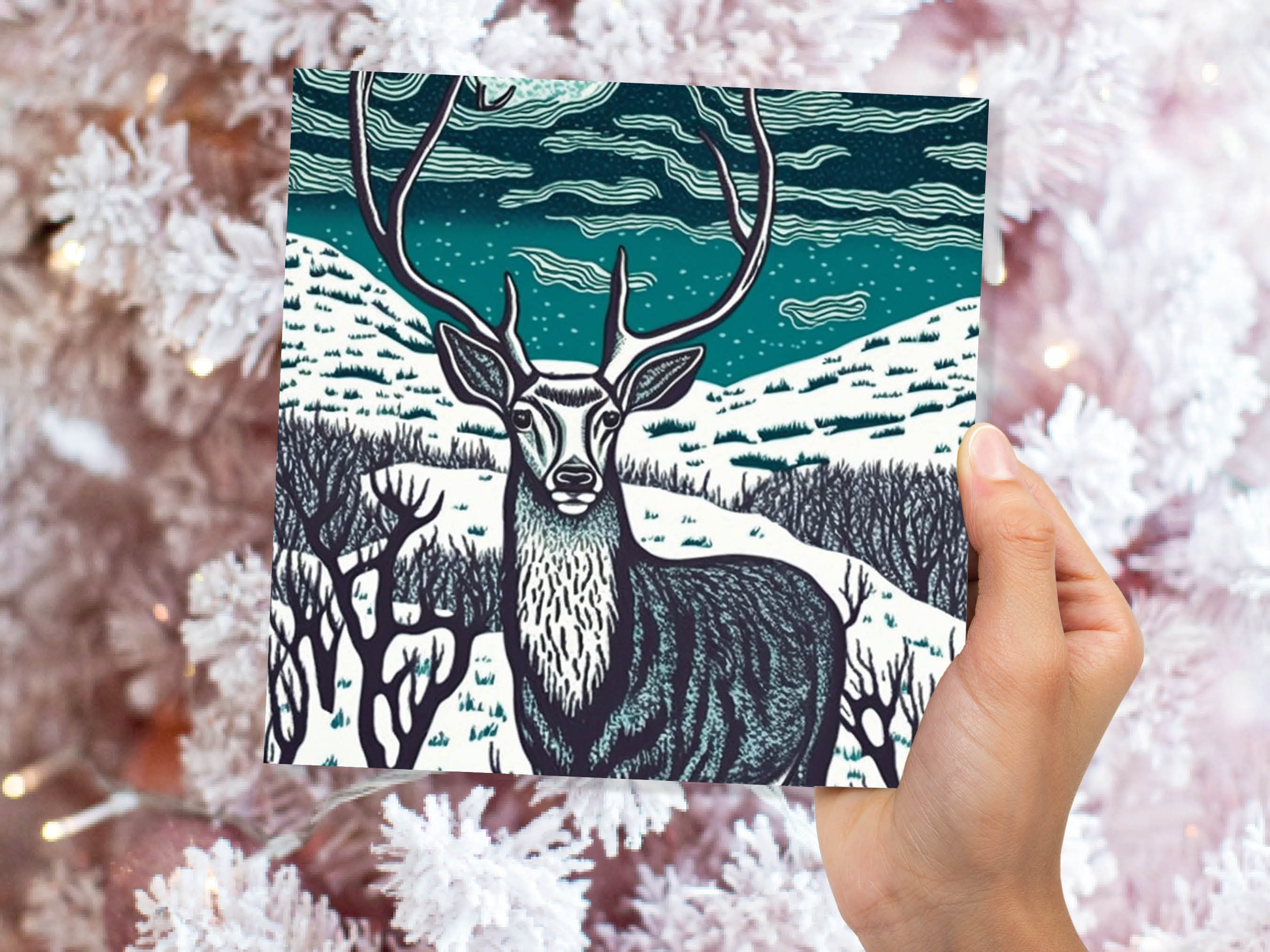 Deer Card Linocut Black and Blue Snowy Winter Landscape Highlands Snow Scene Mountains Sky Greetings For Family Friends Xmas 2024 Thank You - View 5