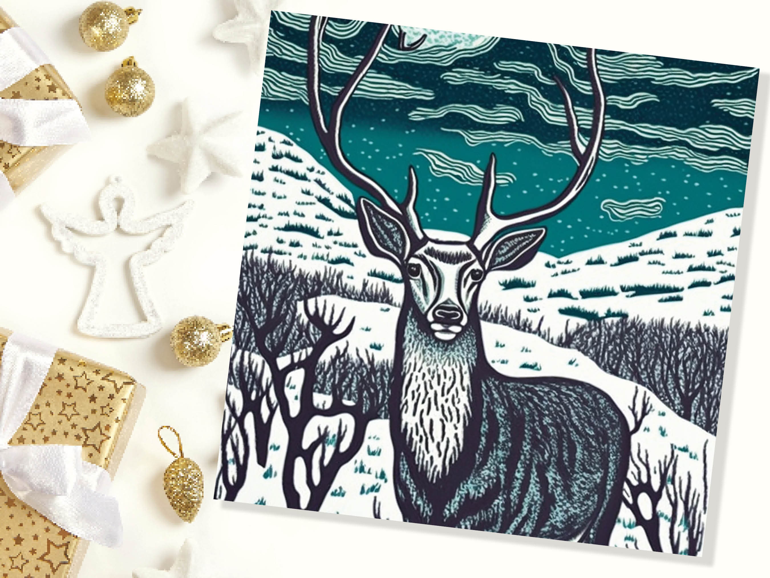 Deer Card Linocut Black and Blue Snowy Winter Landscape Highlands Snow Scene Mountains Sky Greetings For Family Friends Xmas 2024 Thank You - View 6