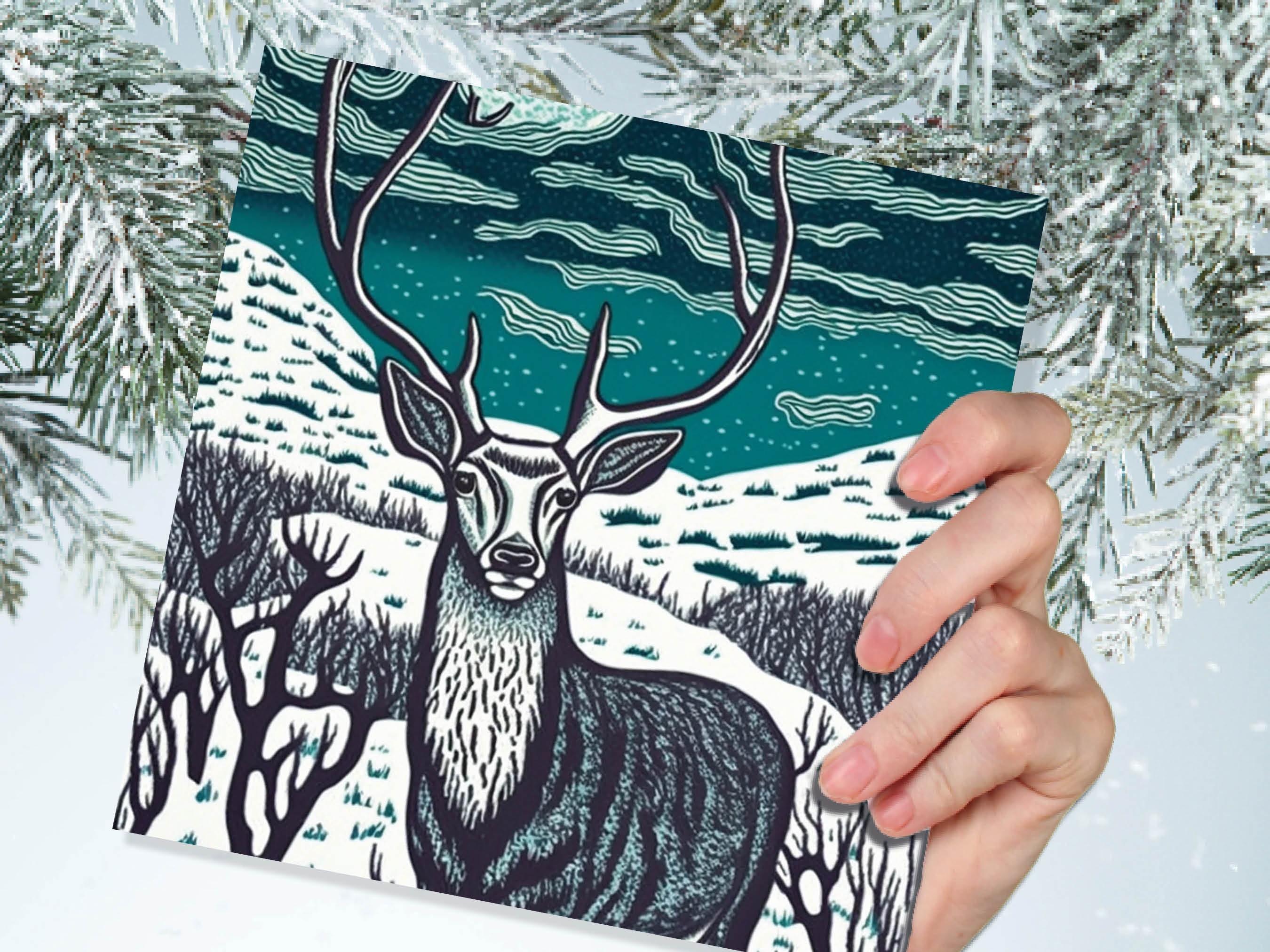 Deer Card Linocut Black and Blue Snowy Winter Landscape Highlands Snow Scene Mountains Sky Greetings For Family Friends Xmas 2024 Thank You - View 7