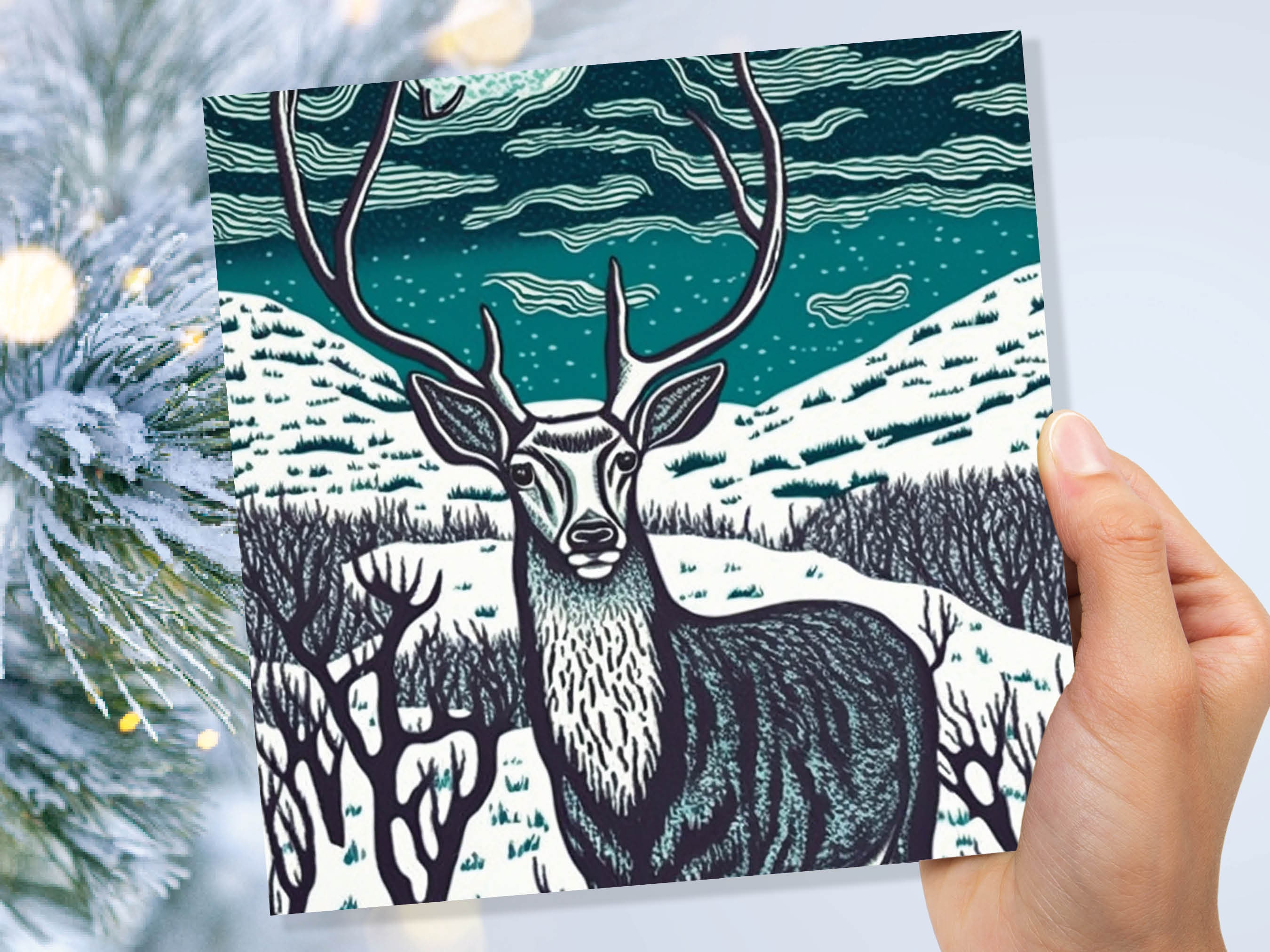 Deer Card Linocut Black and Blue Snowy Winter Landscape Highlands Snow Scene Mountains Sky Greetings For Family Friends Xmas 2024 Thank You - View 8