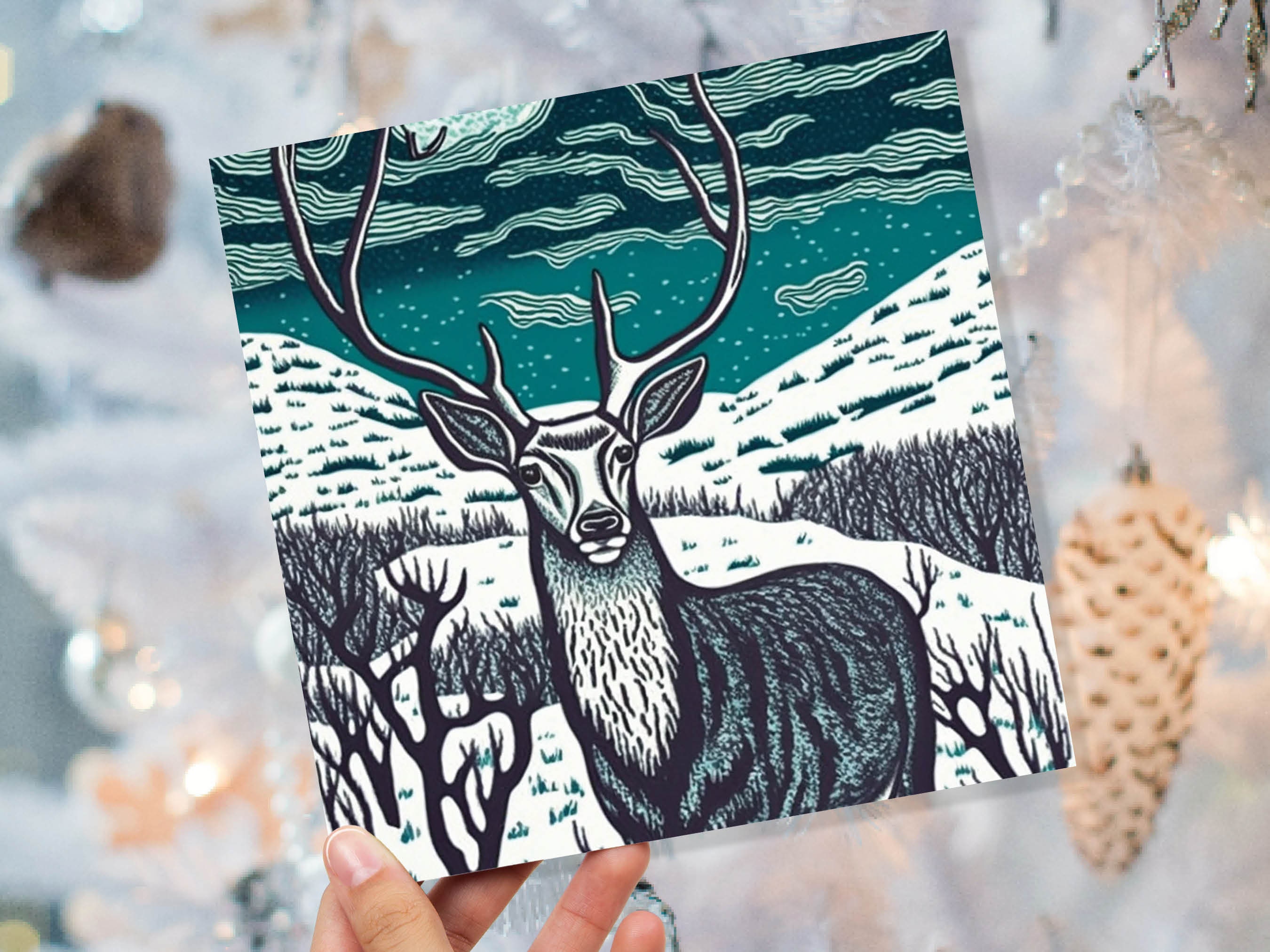 Deer Card Linocut Black and Blue Snowy Winter Landscape Highlands Snow Scene Mountains Sky Greetings For Family Friends Xmas 2024 Thank You - View 9