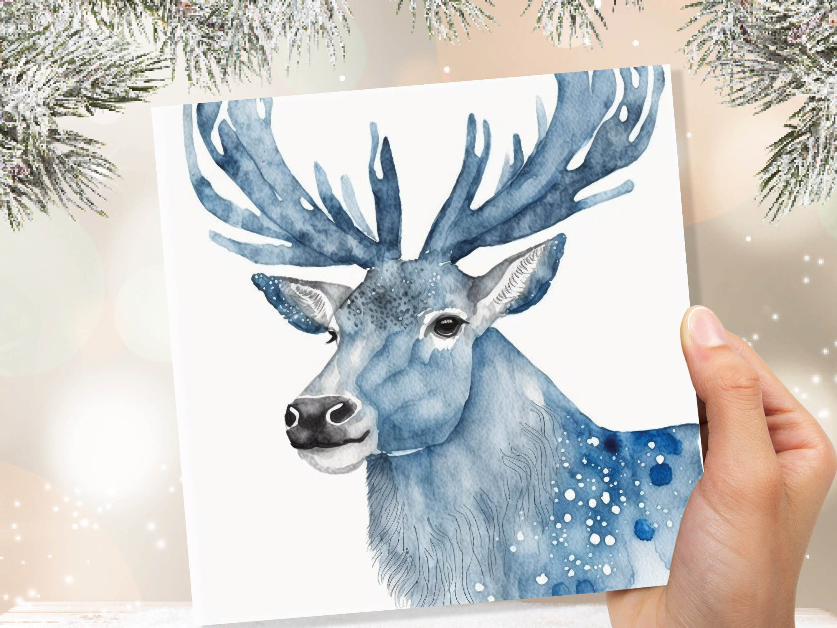 Watercolour Deer Card Blue Painted Winter Reindeer Magical Prussian Blues Elegant Icy Greetings Cards For Family Friends Xmas 2024 Thank You