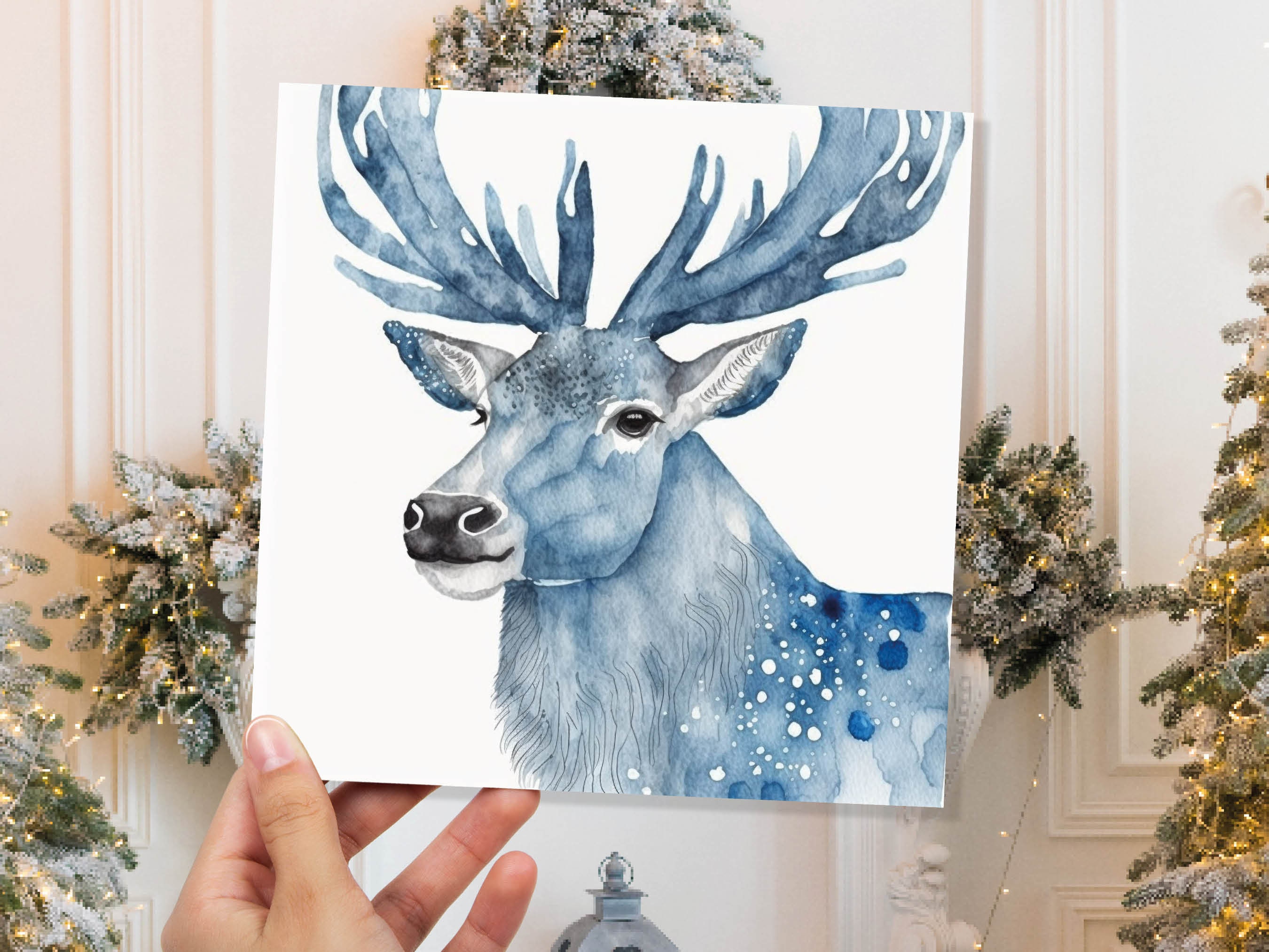 Watercolour Deer Card Blue Painted Winter Reindeer Magical Prussian Blues Elegant Icy Greetings Cards For Family Friends Xmas 2024 Thank You - View 3