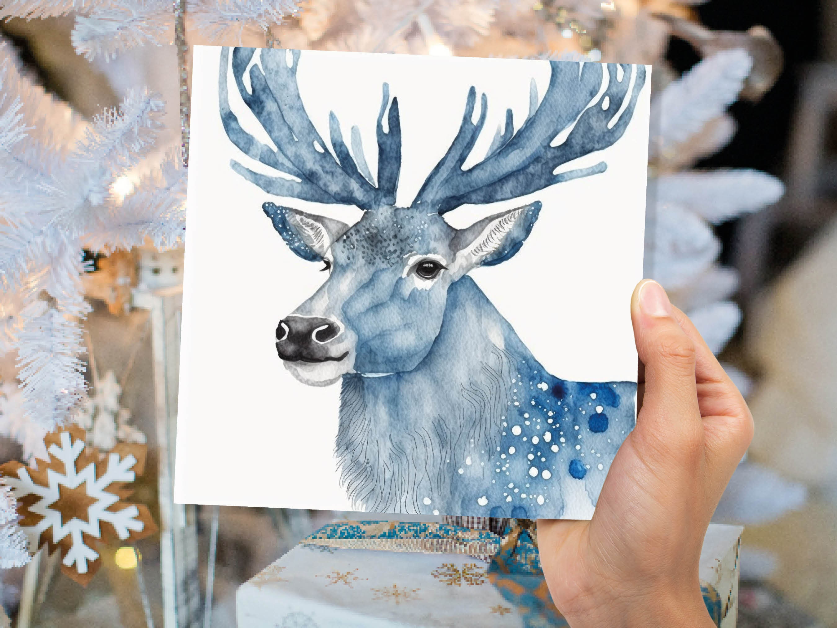 Watercolour Deer Card Blue Painted Winter Reindeer Magical Prussian Blues Elegant Icy Greetings Cards For Family Friends Xmas 2024 Thank You - View 4