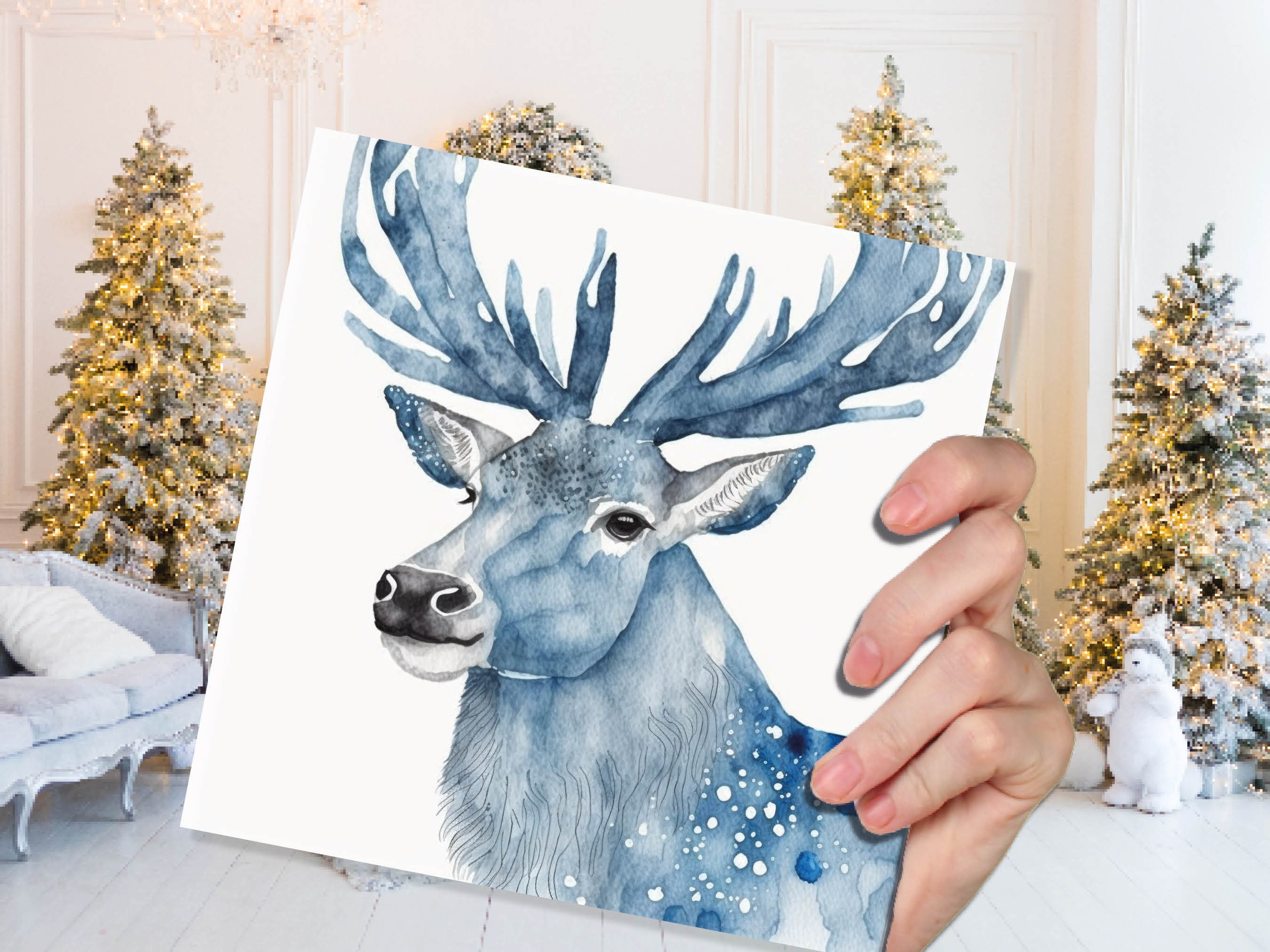 Watercolour Deer Card Blue Painted Winter Reindeer Magical Prussian Blues Elegant Icy Greetings Cards For Family Friends Xmas 2024 Thank You - View 5