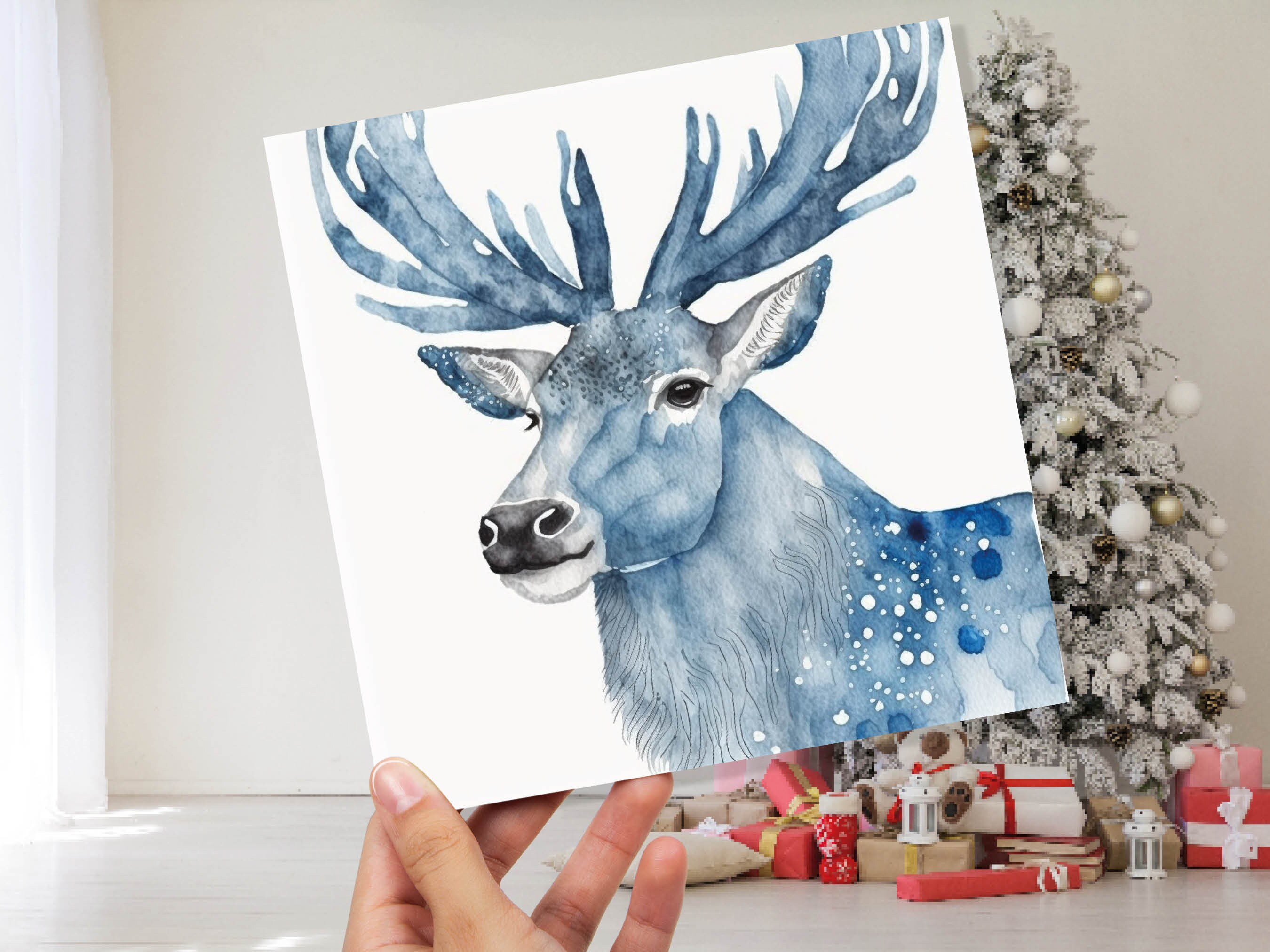 Watercolour Deer Card Blue Painted Winter Reindeer Magical Prussian Blues Elegant Icy Greetings Cards For Family Friends Xmas 2024 Thank You - View 9