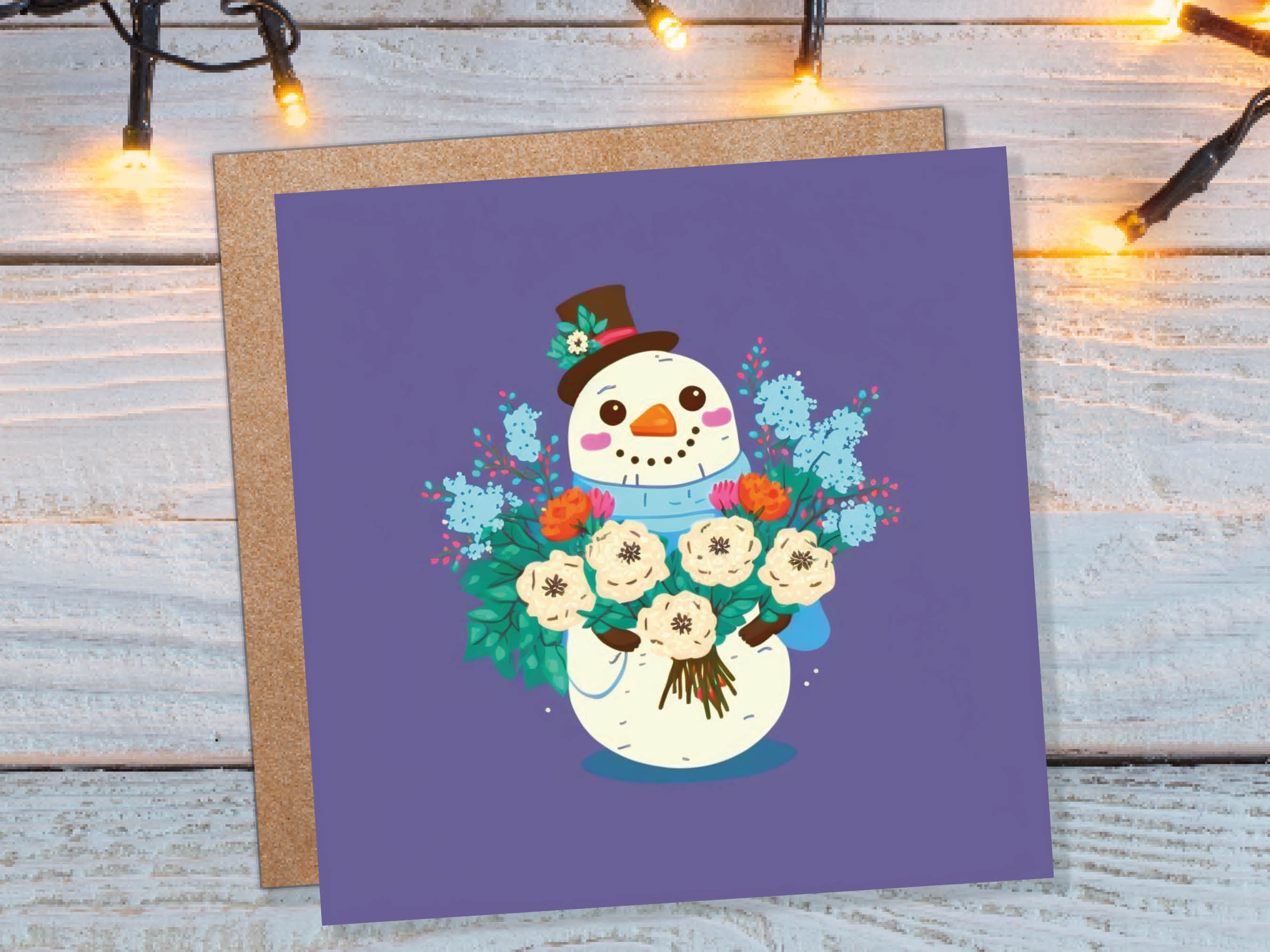 Romantic Floral Snowman Card Cute Purple Illustration with Flowers Bouquet and Top Hat Design Greetings For Family Friend Xmas 23 Thank You