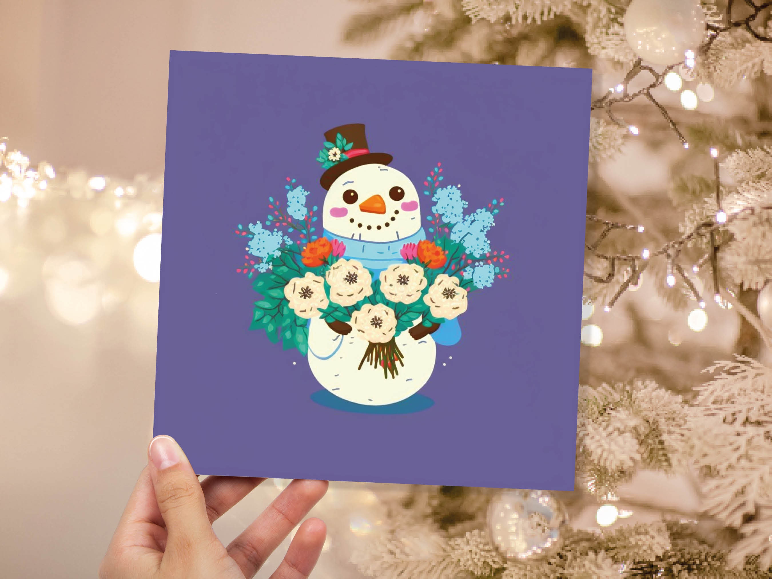 Romantic Floral Snowman Card Cute Purple Illustration with Flowers Bouquet and Top Hat Design Greetings For Family Friend Xmas 23 Thank You - View 2