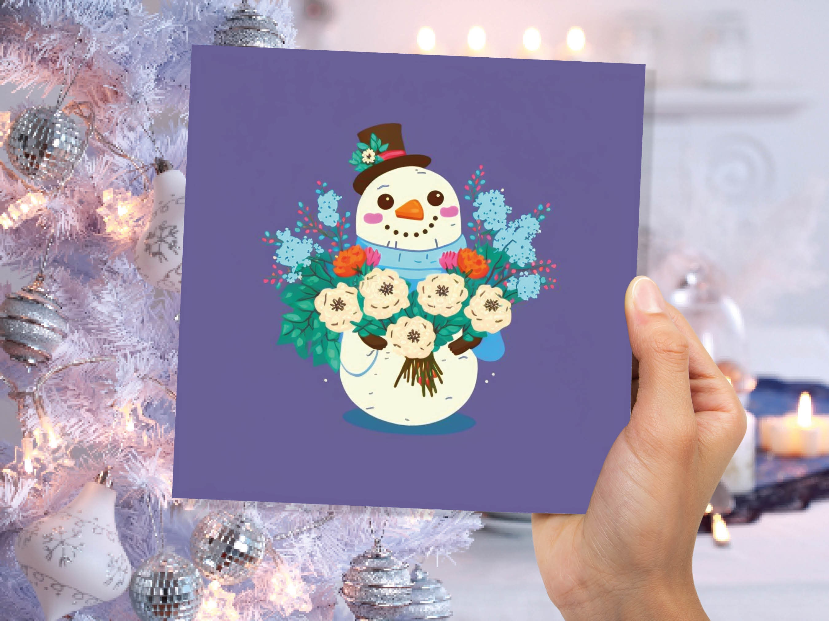 Romantic Floral Snowman Card Cute Purple Illustration with Flowers Bouquet and Top Hat Design Greetings For Family Friend Xmas 23 Thank You - View 3