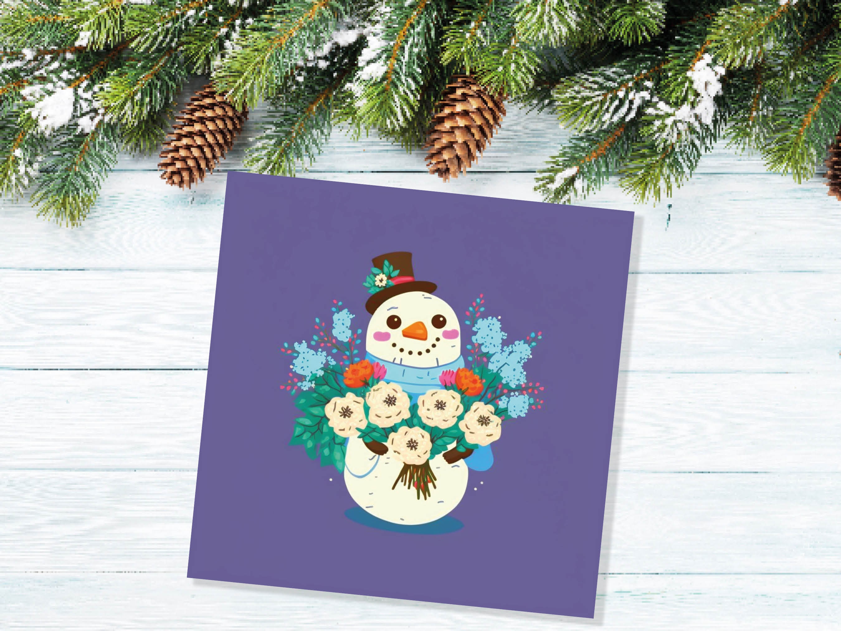 Romantic Floral Snowman Card Cute Purple Illustration with Flowers Bouquet and Top Hat Design Greetings For Family Friend Xmas 23 Thank You - View 4