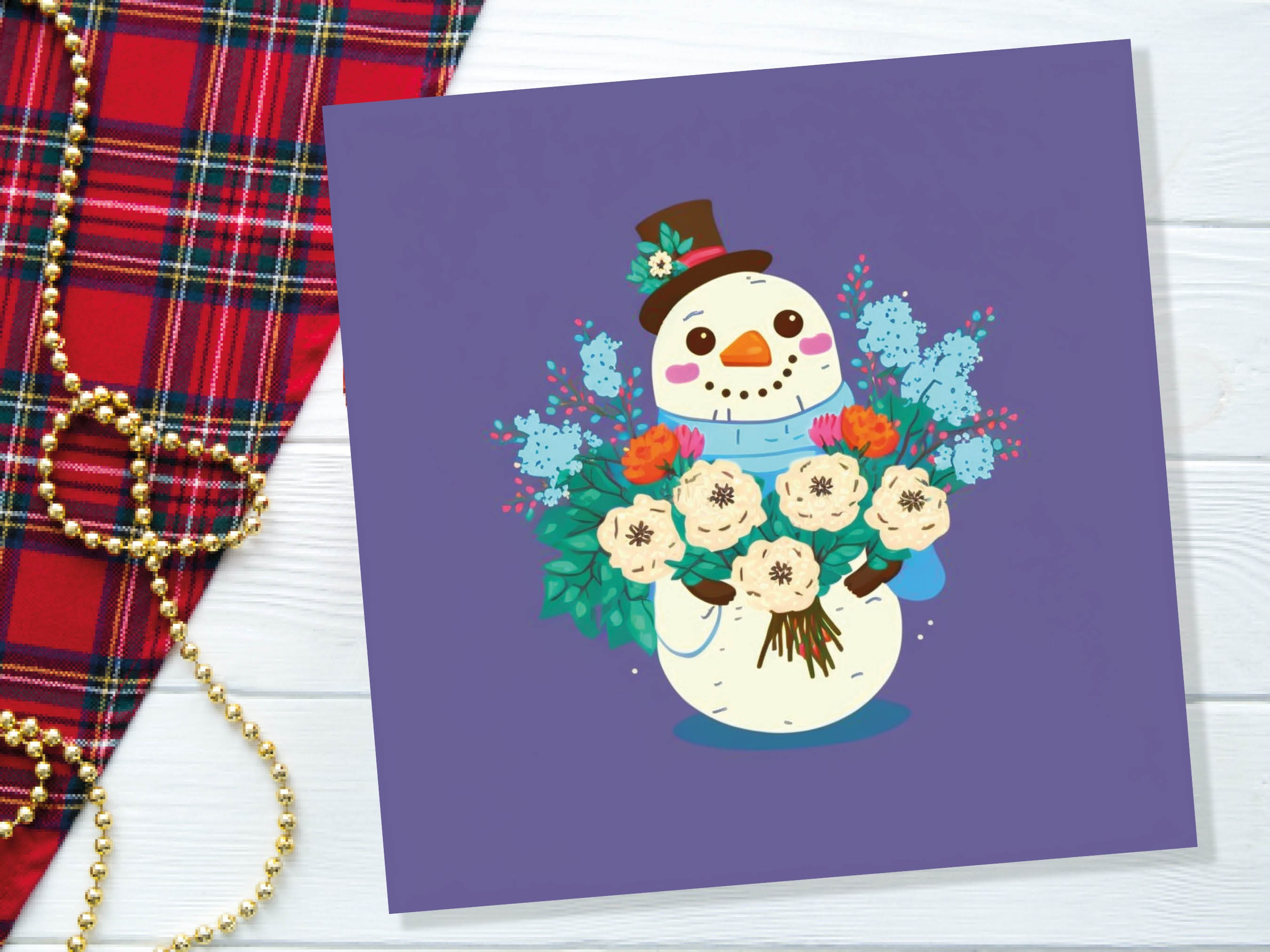 Romantic Floral Snowman Card Cute Purple Illustration with Flowers Bouquet and Top Hat Design Greetings For Family Friend Xmas 23 Thank You - View 5