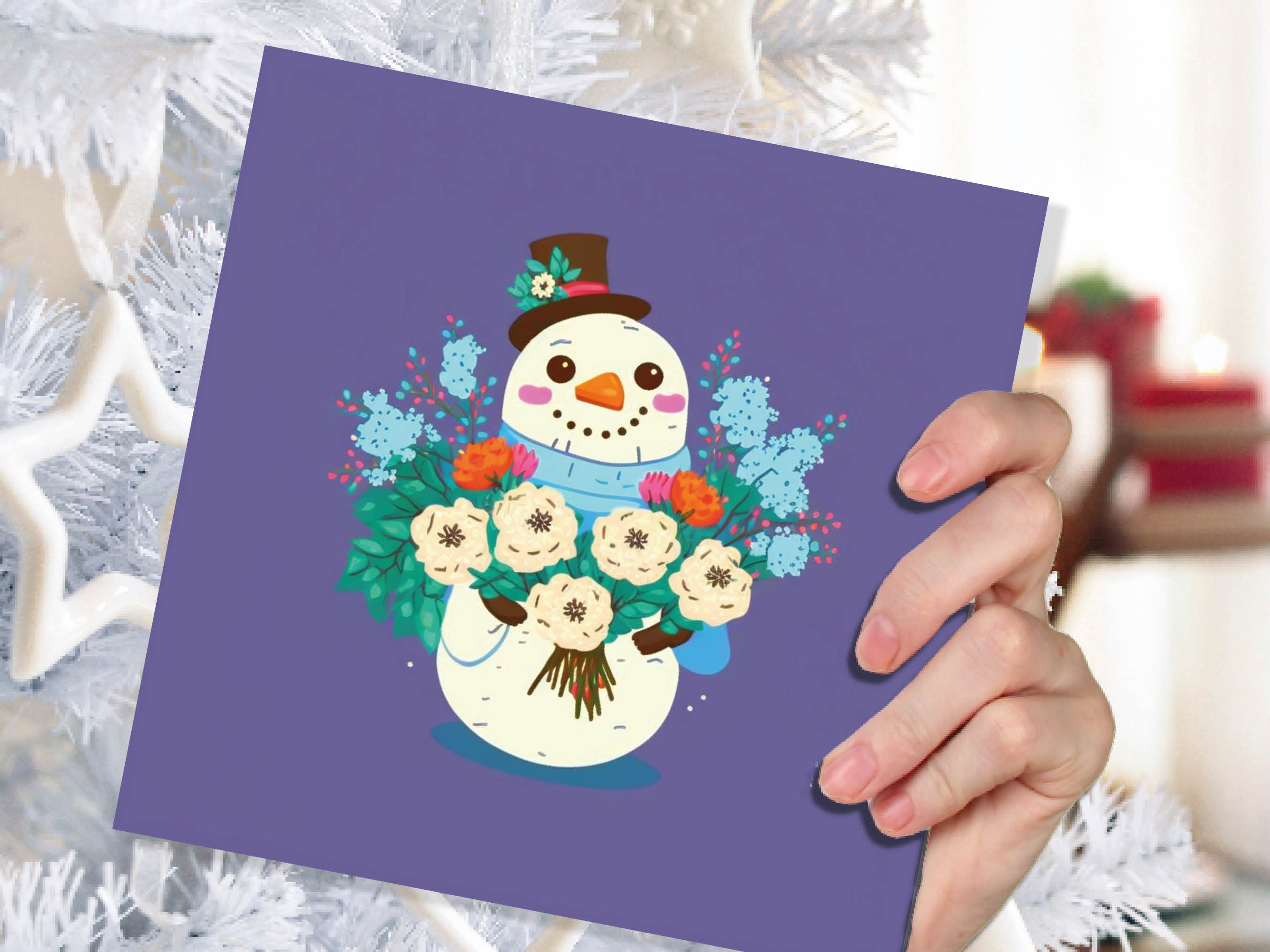 Romantic Floral Snowman Card Cute Purple Illustration with Flowers Bouquet and Top Hat Design Greetings For Family Friend Xmas 23 Thank You - View 6