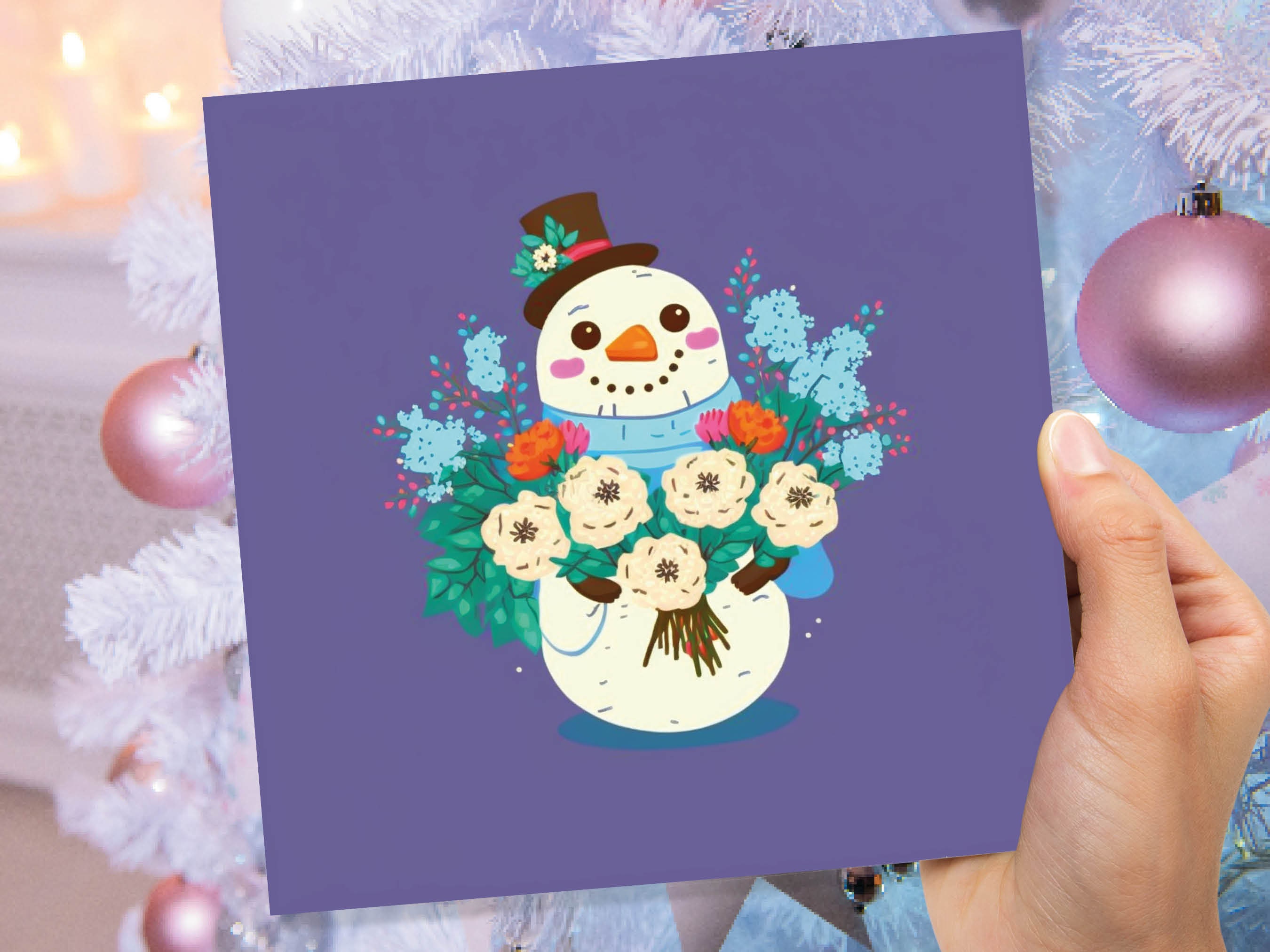 Romantic Floral Snowman Card Cute Purple Illustration with Flowers Bouquet and Top Hat Design Greetings For Family Friend Xmas 23 Thank You - View 7