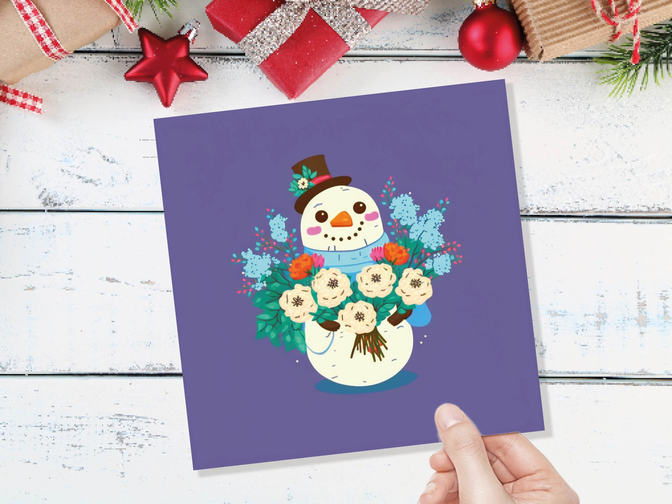 Romantic Floral Snowman Card Cute Purple Illustration with Flowers Bouquet and Top Hat Design Greetings For Family Friend Xmas 23 Thank You - View 8