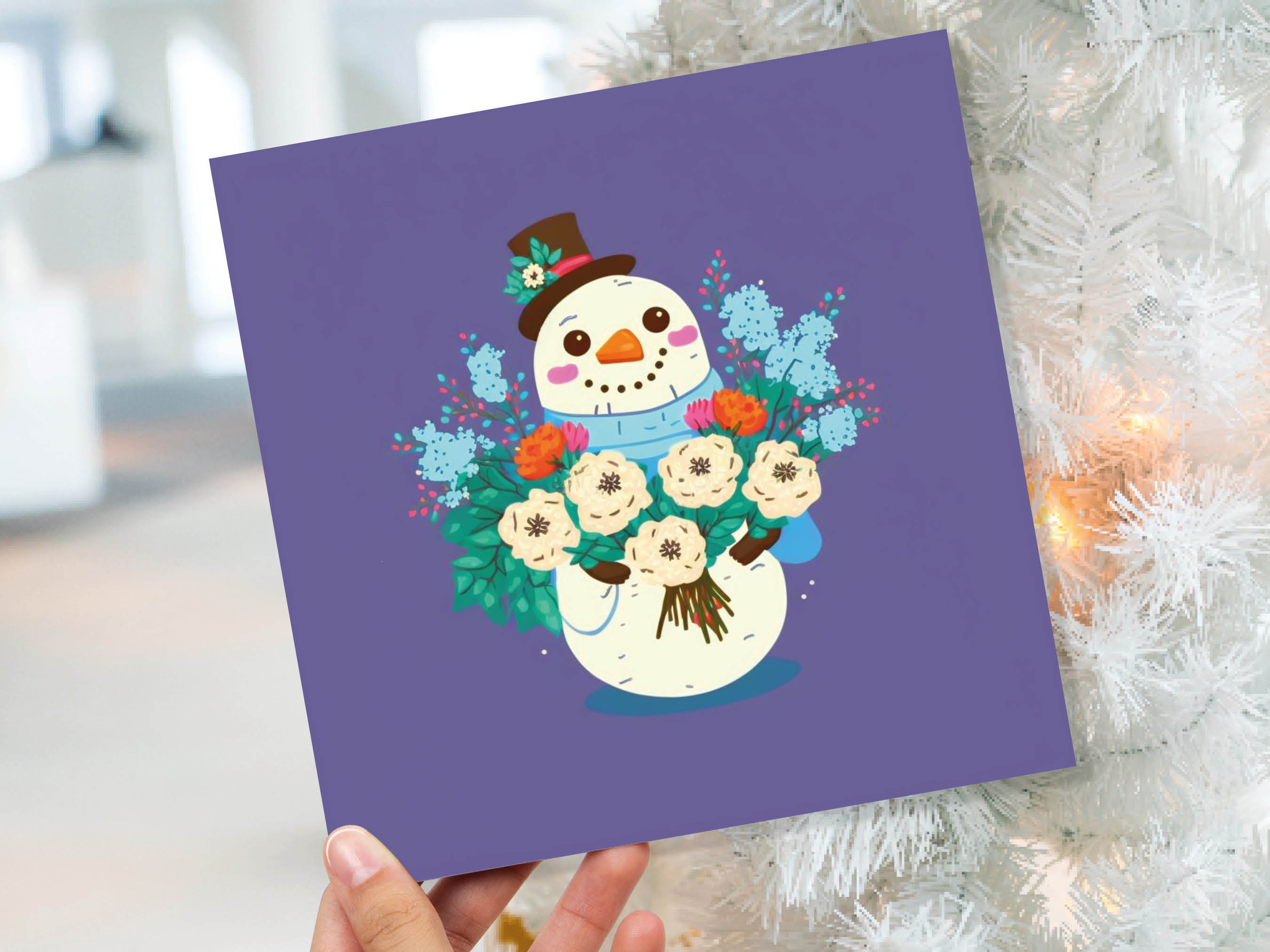 Romantic Floral Snowman Card Cute Purple Illustration with Flowers Bouquet and Top Hat Design Greetings For Family Friend Xmas 23 Thank You - View 9