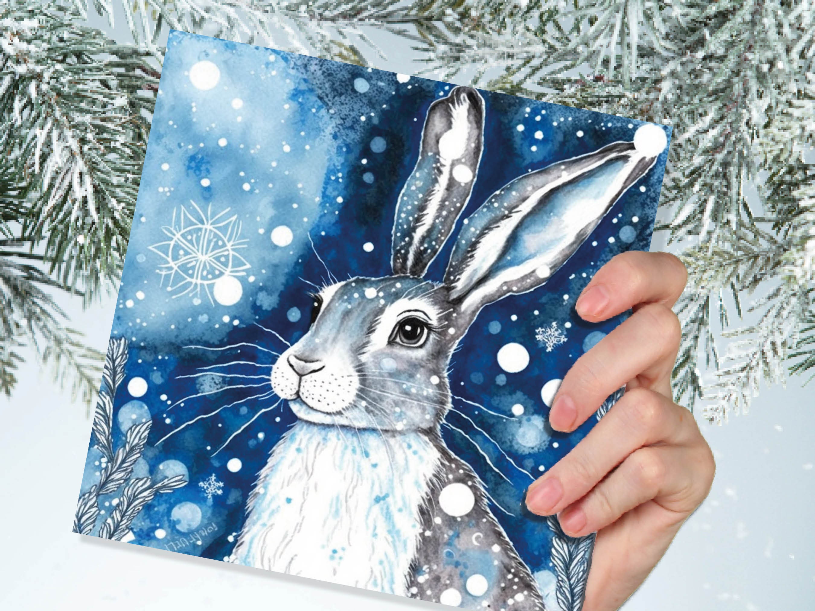 Winter Hare Beautiful Greetings Cards Blue Watercolour Snow Scene Snowy Rabbit Nature Landscape Cards For Family Friends Xmas 2024 Thank You