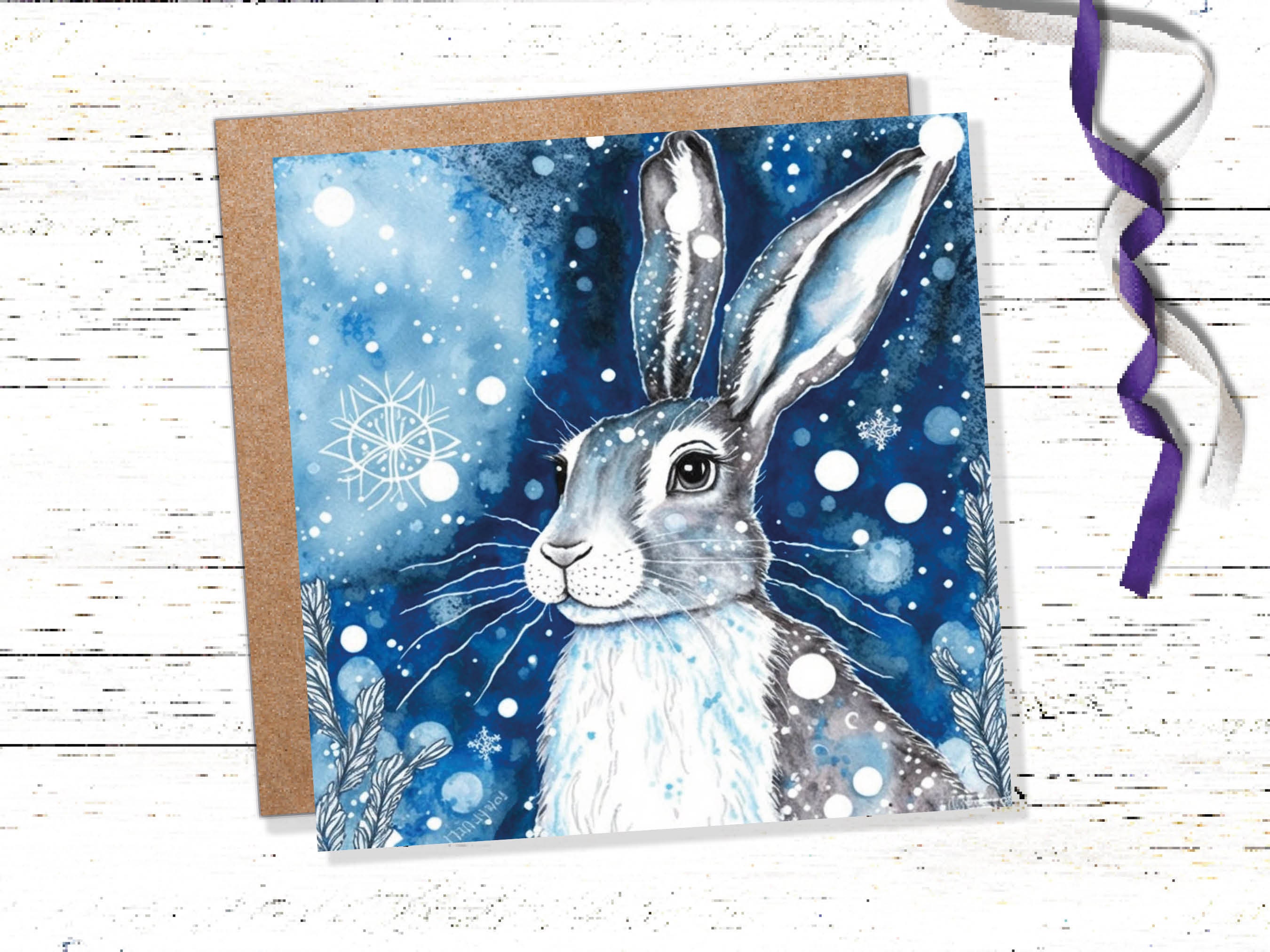 Winter Hare Beautiful Greetings Cards Blue Watercolour Snow Scene Snowy Rabbit Nature Landscape Cards For Family Friends Xmas 2024 Thank You - View 2