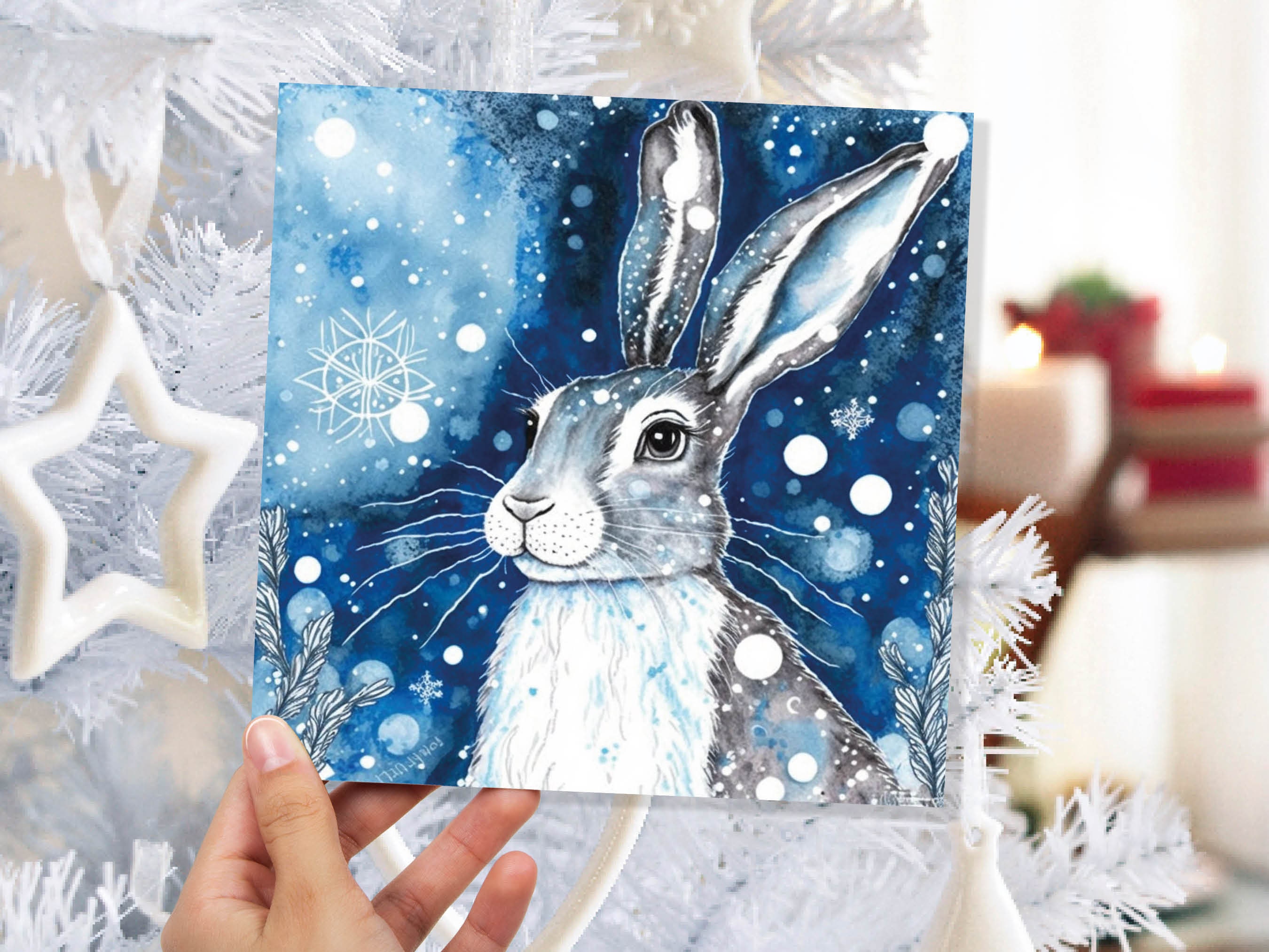 Winter Hare Beautiful Greetings Cards Blue Watercolour Snow Scene Snowy Rabbit Nature Landscape Cards For Family Friends Xmas 2024 Thank You - View 3