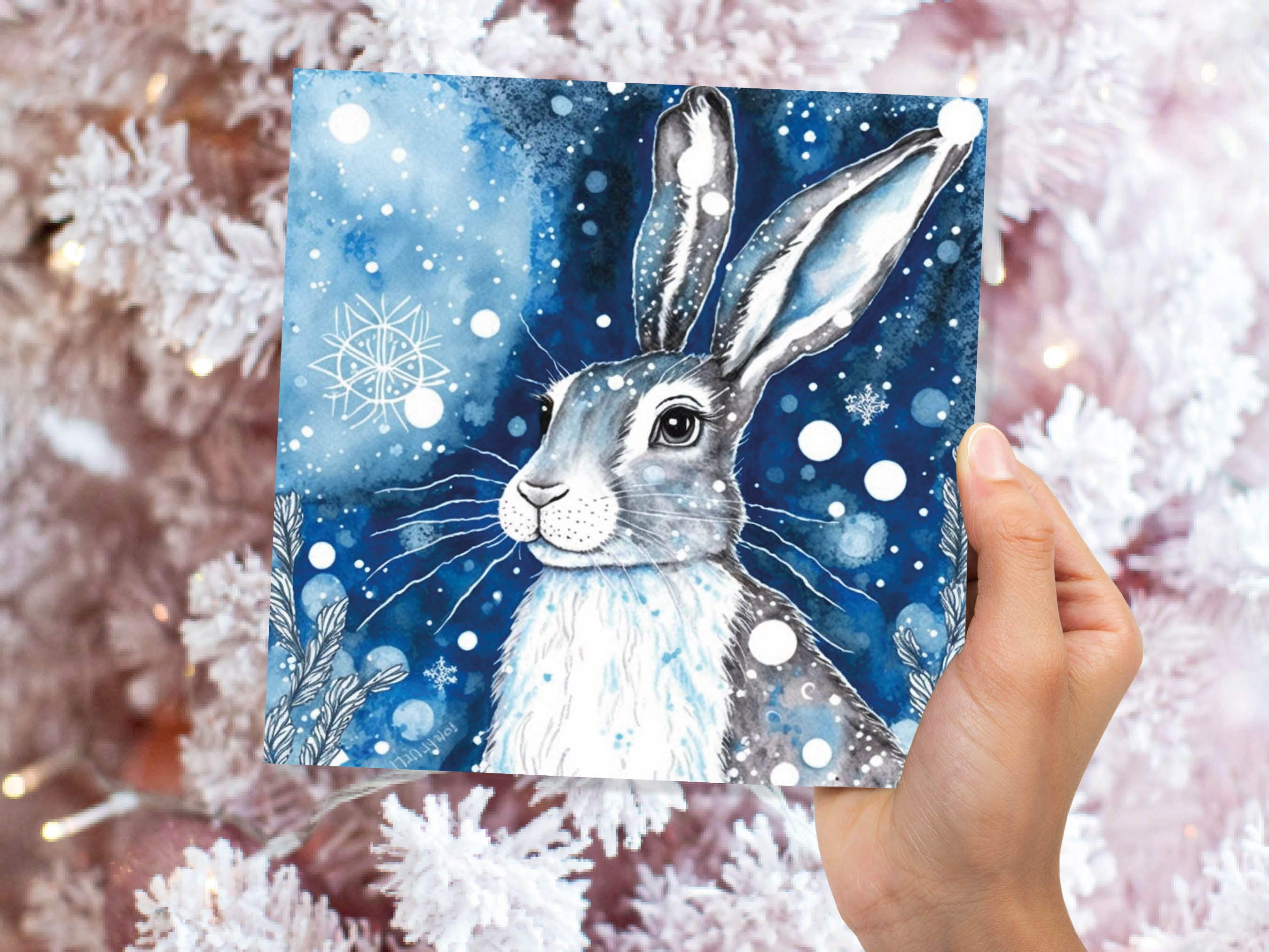 Winter Hare Beautiful Greetings Cards Blue Watercolour Snow Scene Snowy Rabbit Nature Landscape Cards For Family Friends Xmas 2024 Thank You - View 4