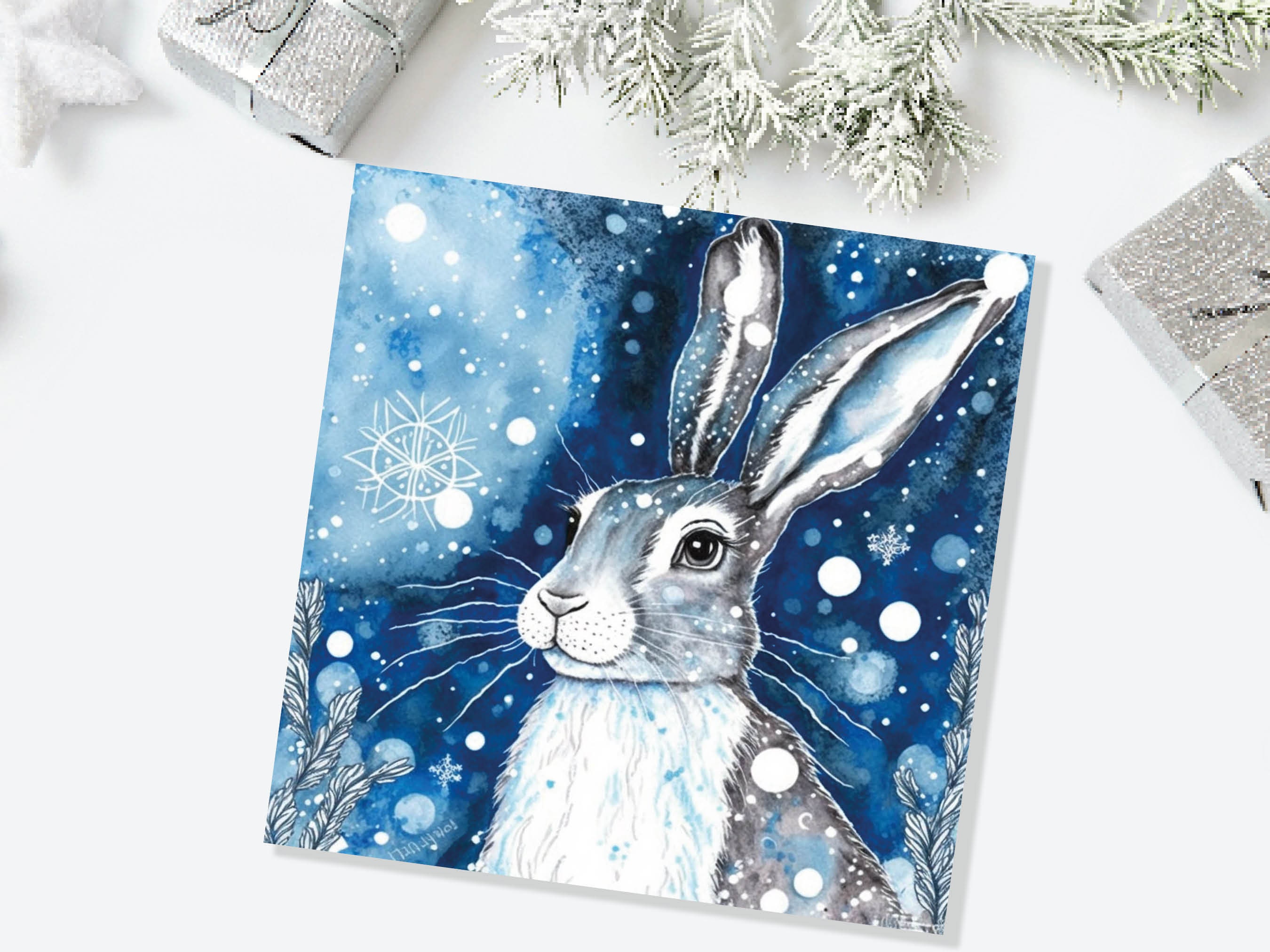 Winter Hare Beautiful Greetings Cards Blue Watercolour Snow Scene Snowy Rabbit Nature Landscape Cards For Family Friends Xmas 2024 Thank You - View 5