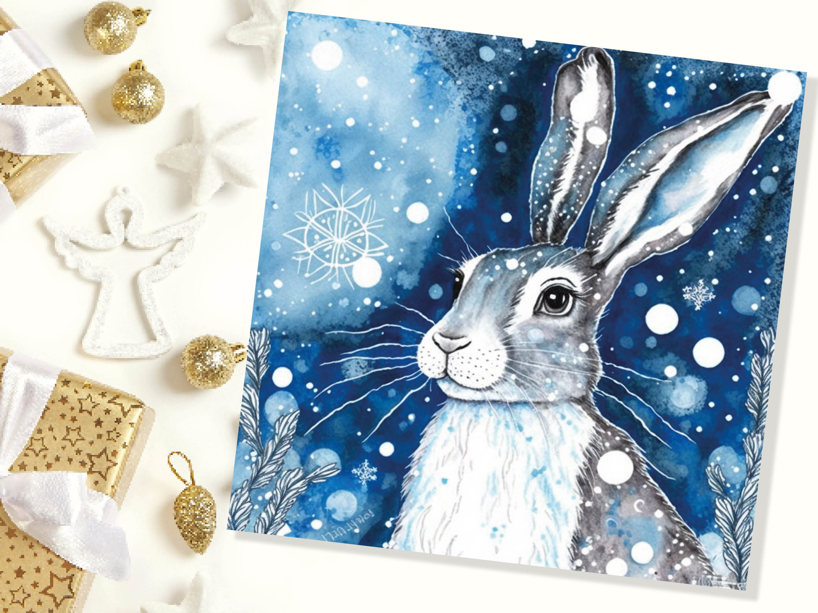 Winter Hare Beautiful Greetings Cards Blue Watercolour Snow Scene Snowy Rabbit Nature Landscape Cards For Family Friends Xmas 2024 Thank You - View 6