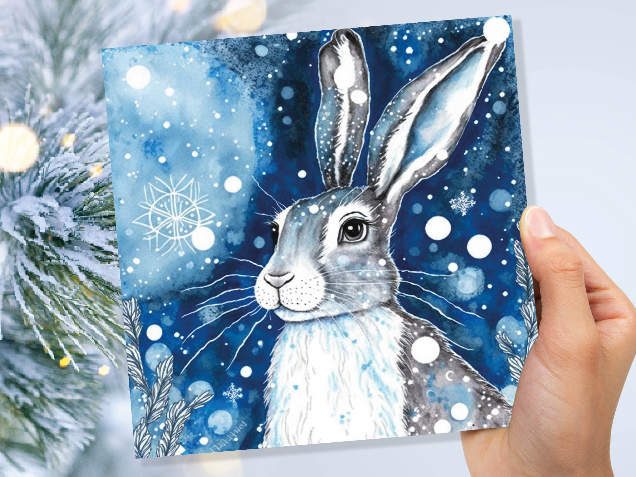 Winter Hare Beautiful Greetings Cards Blue Watercolour Snow Scene Snowy Rabbit Nature Landscape Cards For Family Friends Xmas 2024 Thank You - View 7