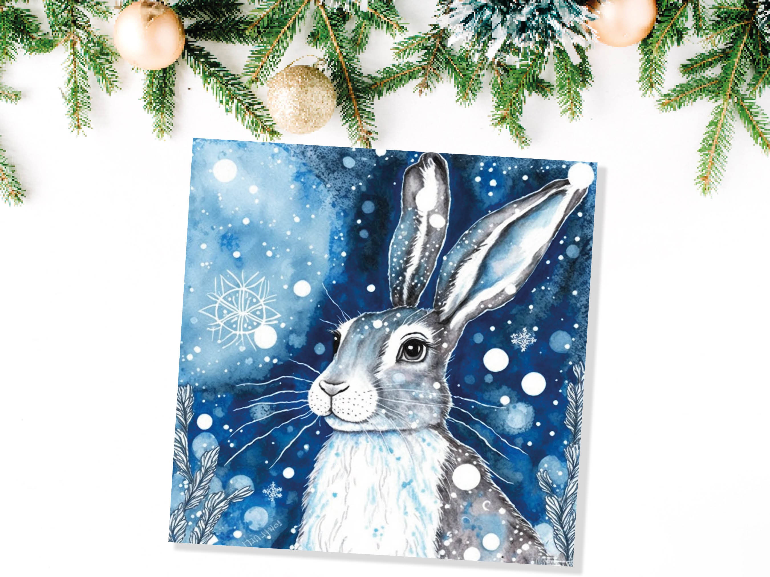 Winter Hare Beautiful Greetings Cards Blue Watercolour Snow Scene Snowy Rabbit Nature Landscape Cards For Family Friends Xmas 2024 Thank You - View 8