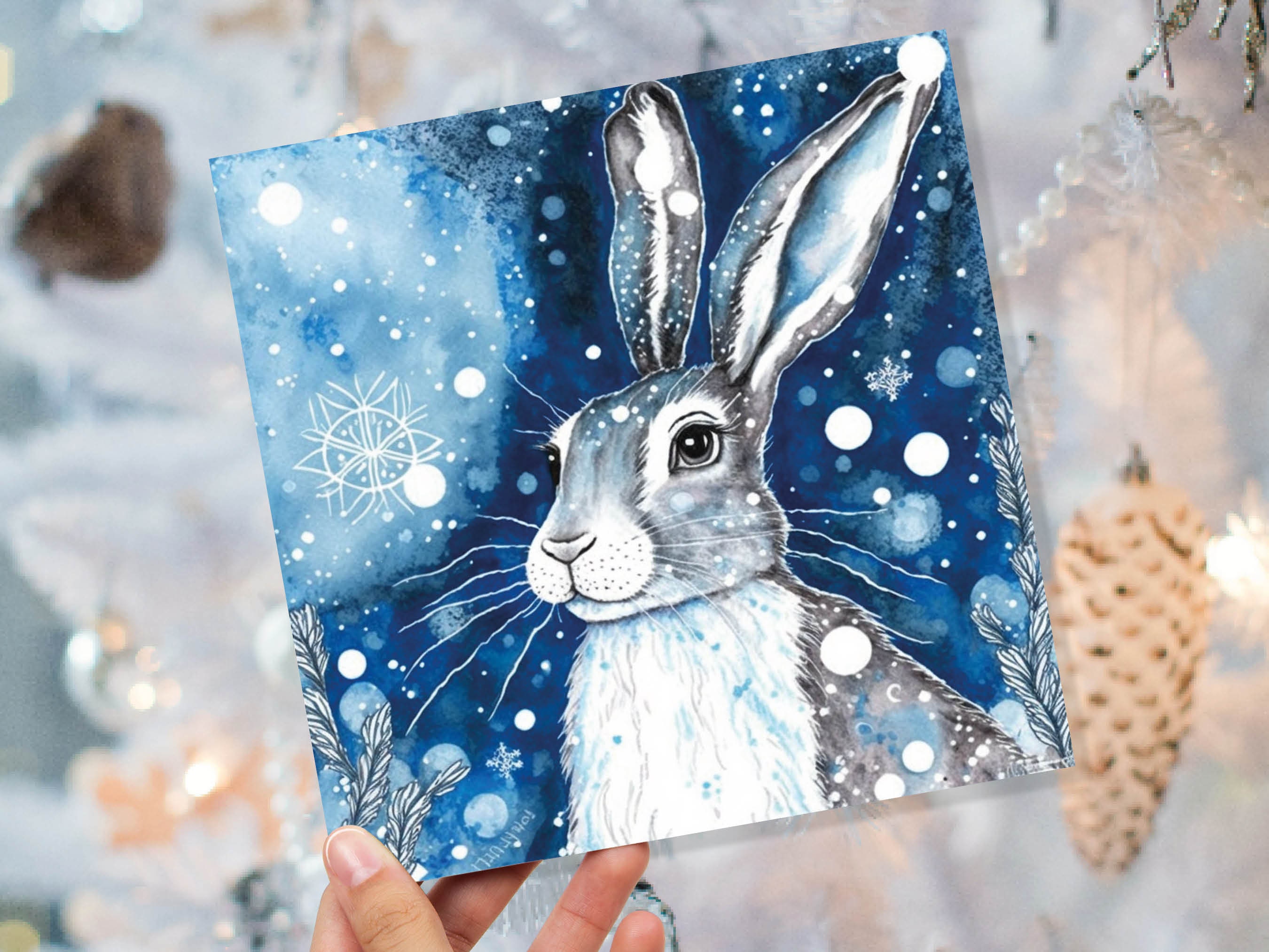 Winter Hare Beautiful Greetings Cards Blue Watercolour Snow Scene Snowy Rabbit Nature Landscape Cards For Family Friends Xmas 2024 Thank You - View 9