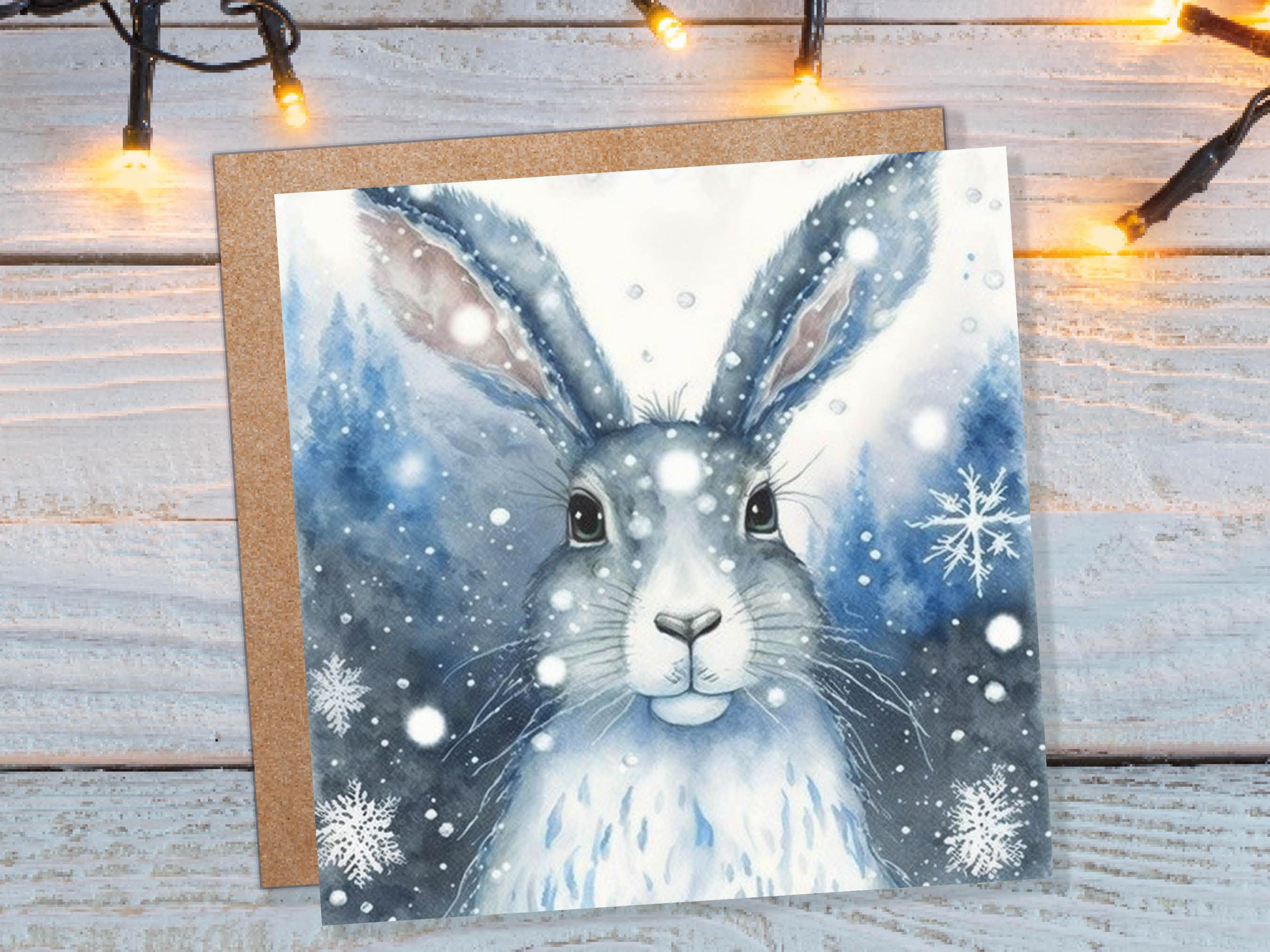 Enchanting Winter Hare Card Beautiful Blue Snowy Watercolour Snow Lights Snowflakes Greetings Card For Family Friends Xmas 23 Thank You BFF