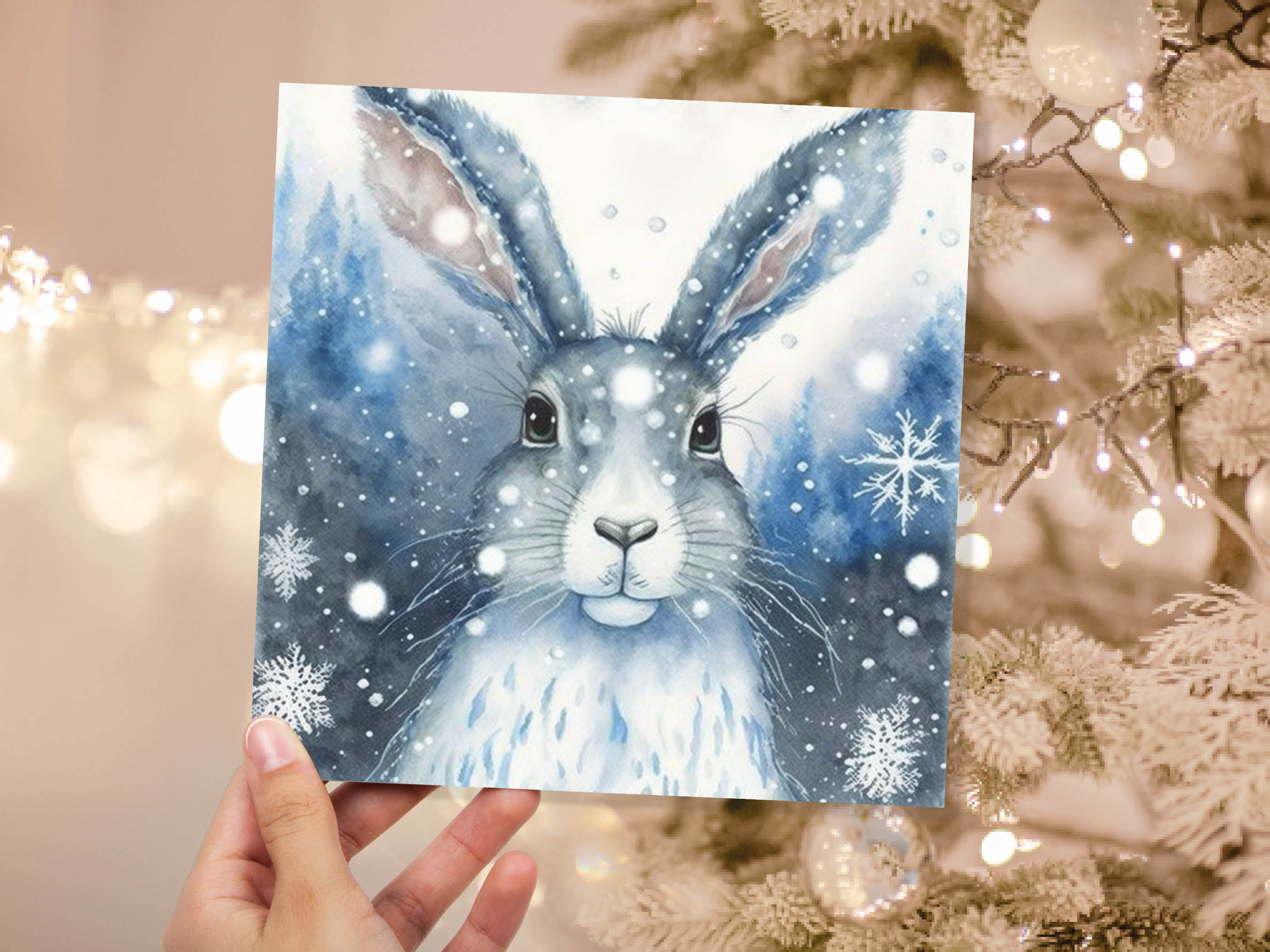 Enchanting Winter Hare Card Beautiful Blue Snowy Watercolour Snow Lights Snowflakes Greetings Card For Family Friends Xmas 23 Thank You BFF - View 2