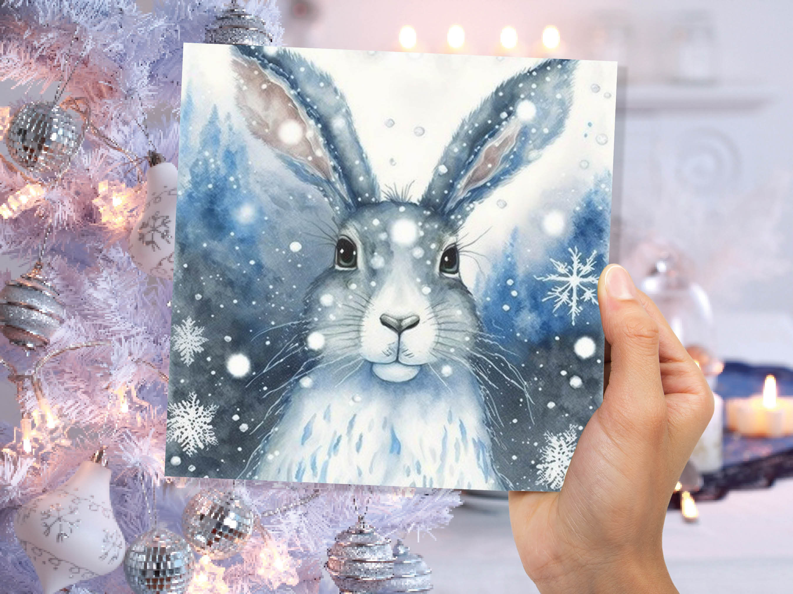 Enchanting Winter Hare Card Beautiful Blue Snowy Watercolour Snow Lights Snowflakes Greetings Card For Family Friends Xmas 23 Thank You BFF - View 3