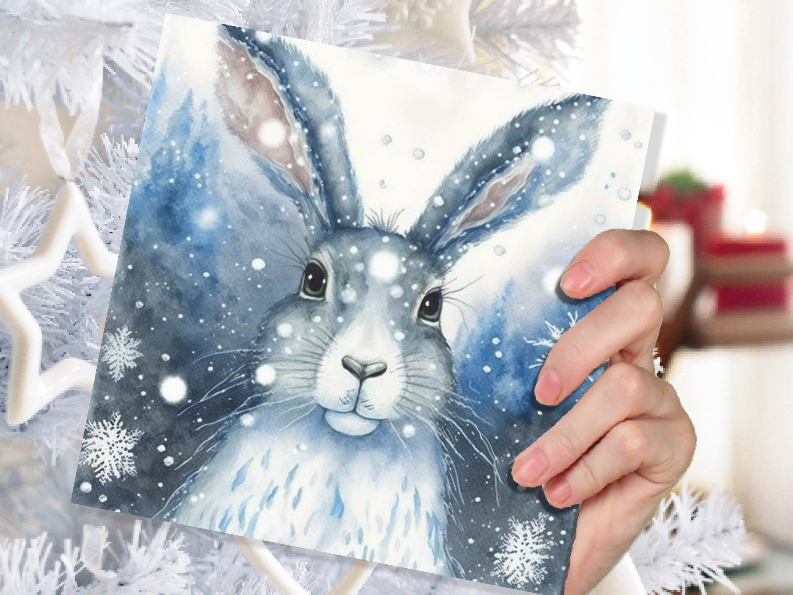 Enchanting Winter Hare Card Beautiful Blue Snowy Watercolour Snow Lights Snowflakes Greetings Card For Family Friends Xmas 23 Thank You BFF - View 6