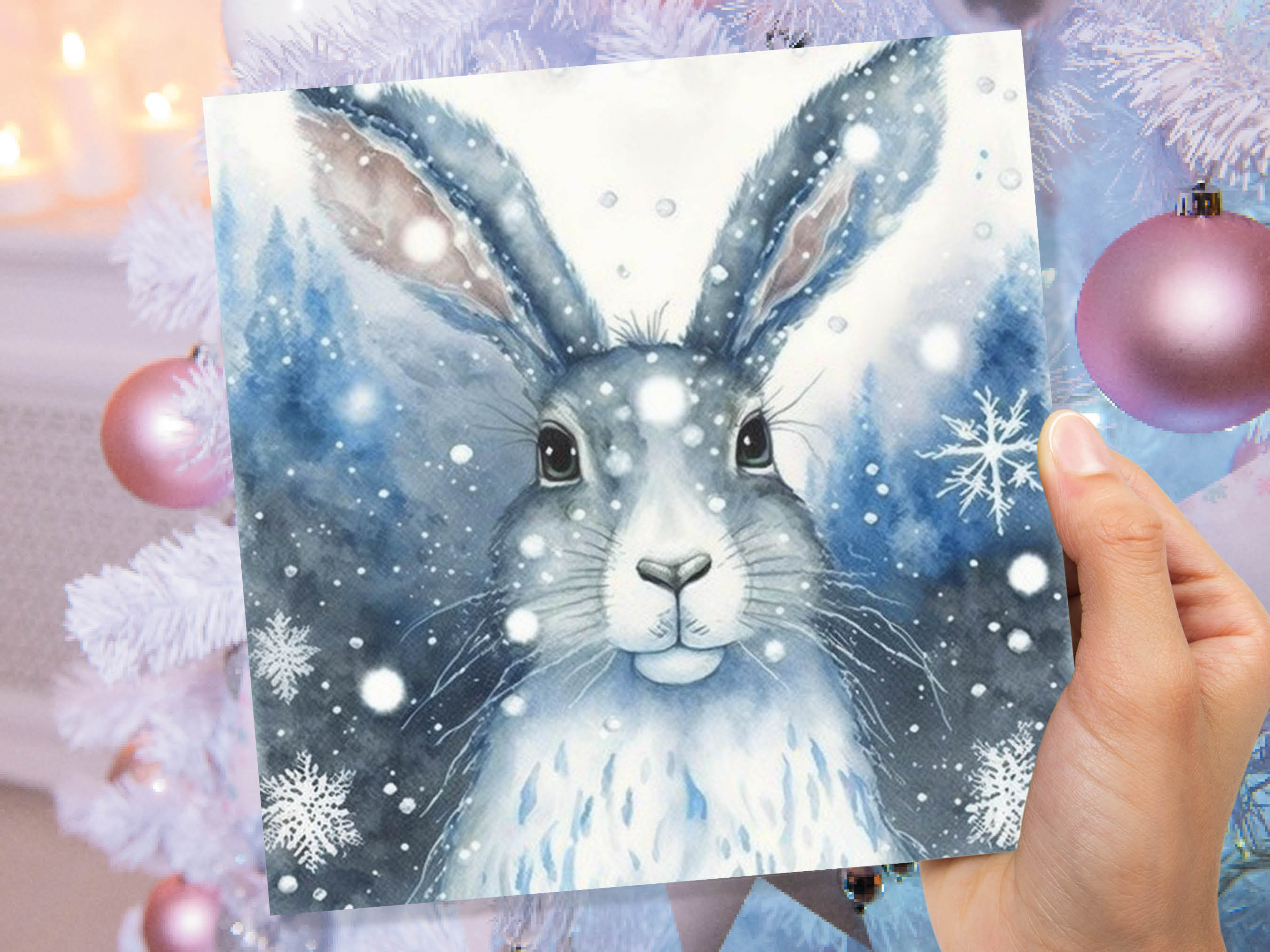 Enchanting Winter Hare Card Beautiful Blue Snowy Watercolour Snow Lights Snowflakes Greetings Card For Family Friends Xmas 23 Thank You BFF - View 7